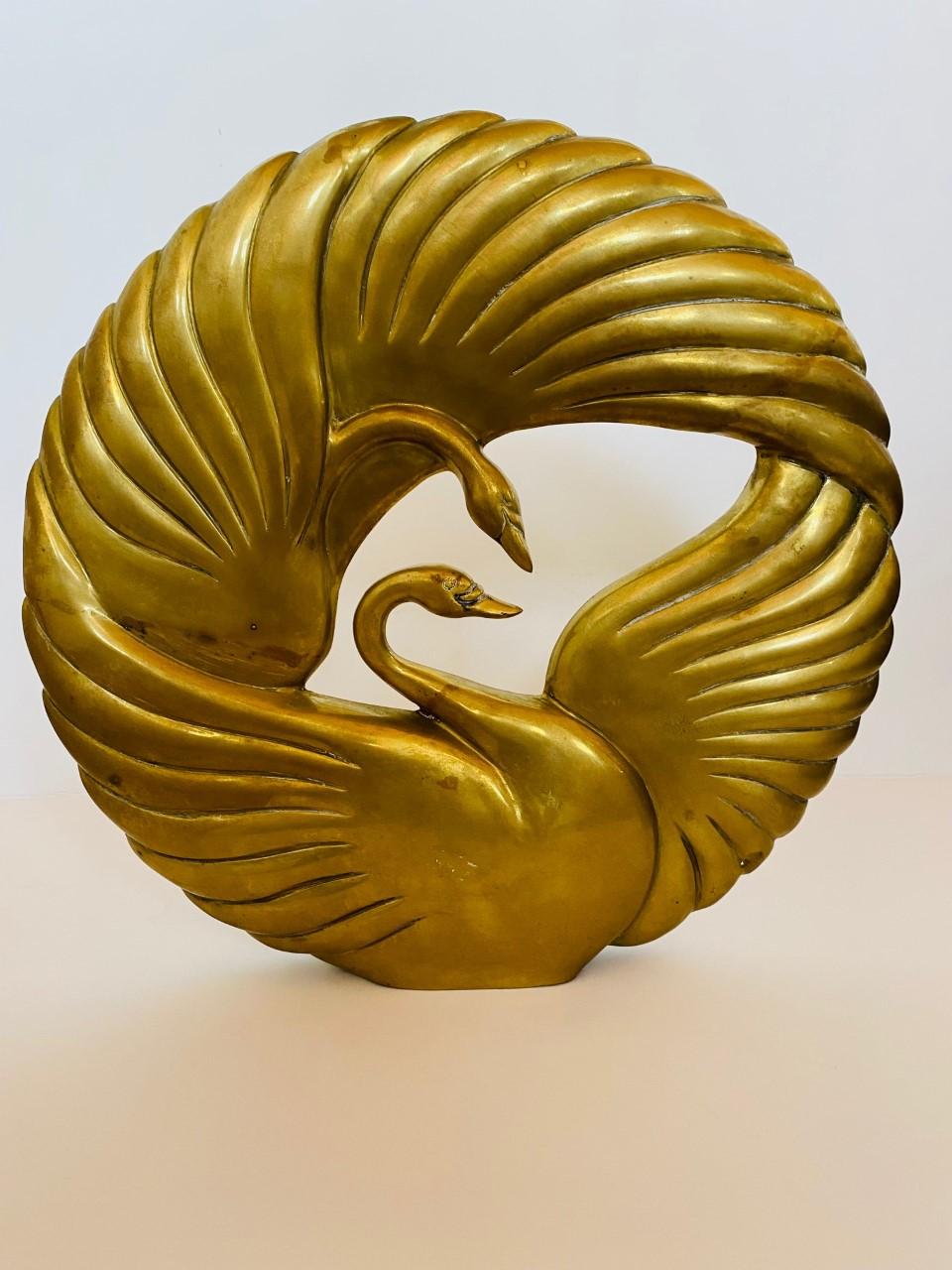 Late 20th Century Double Swan Dolbi Cashier Vintage Brass Sculpture 1980s For Sale