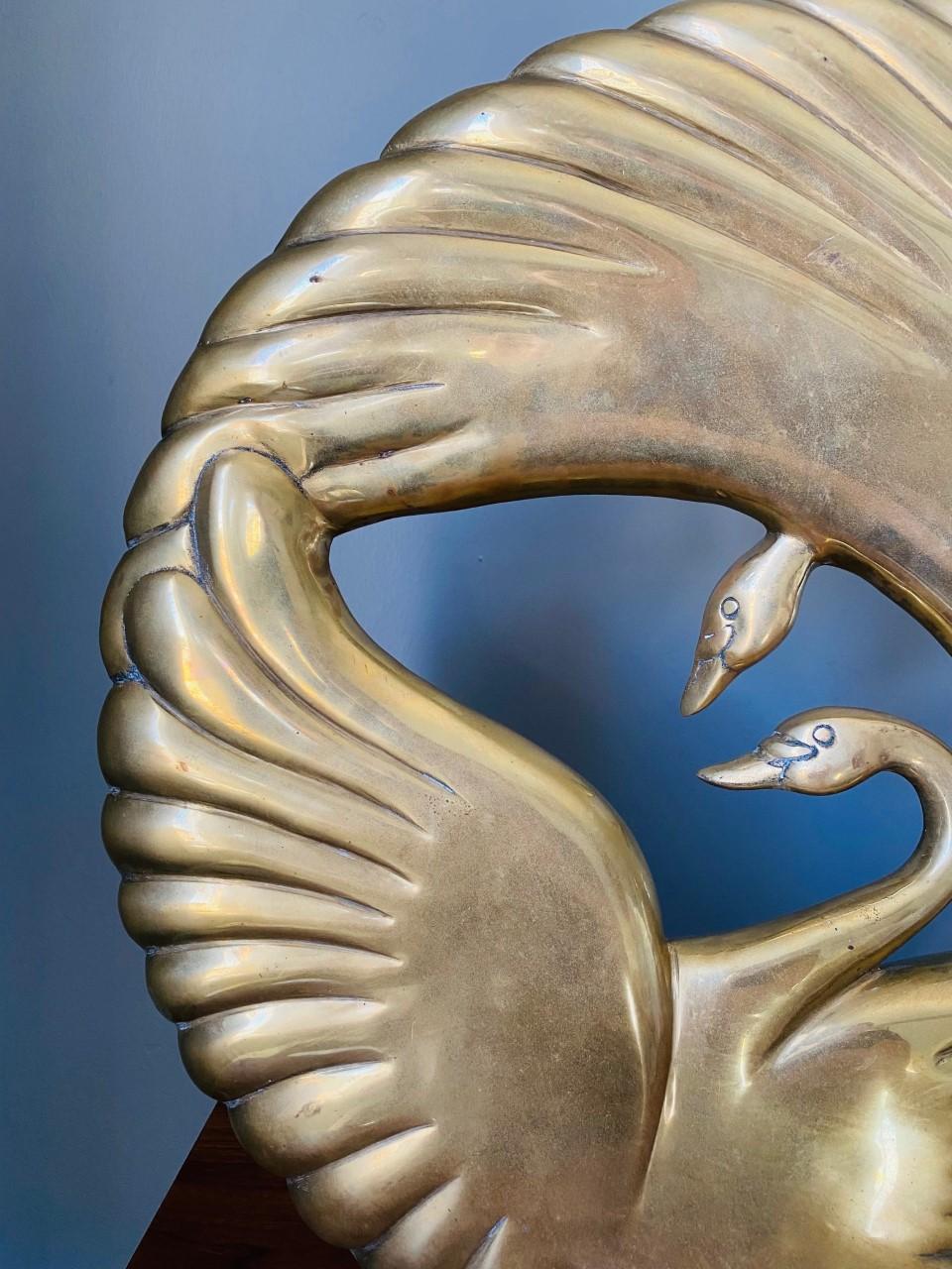 Art Deco Double Swan Dolbi Cashier Vintage Brass Sculpture 1980s For Sale