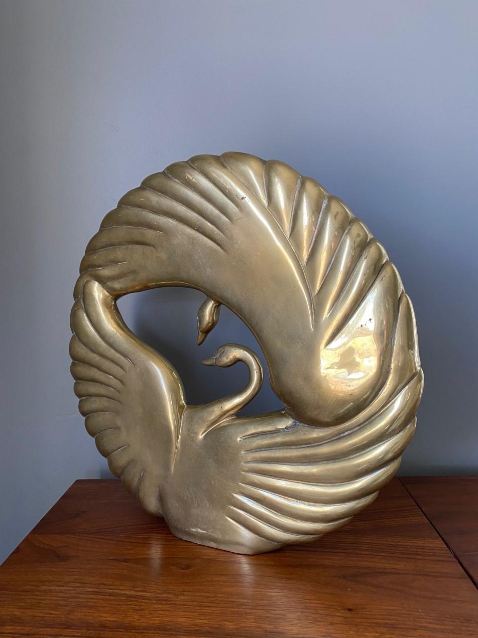 American Double Swan Dolbi Cashier Vintage Brass Sculpture 1980s For Sale
