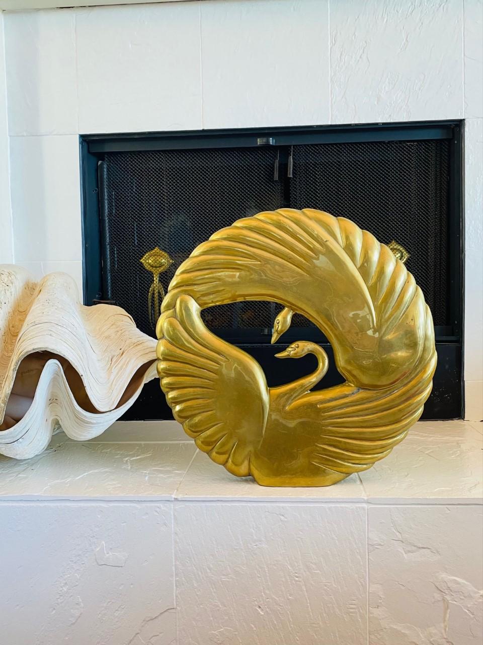 Hammered Double Swan Dolbi Cashier Vintage Brass Sculpture 1980s For Sale
