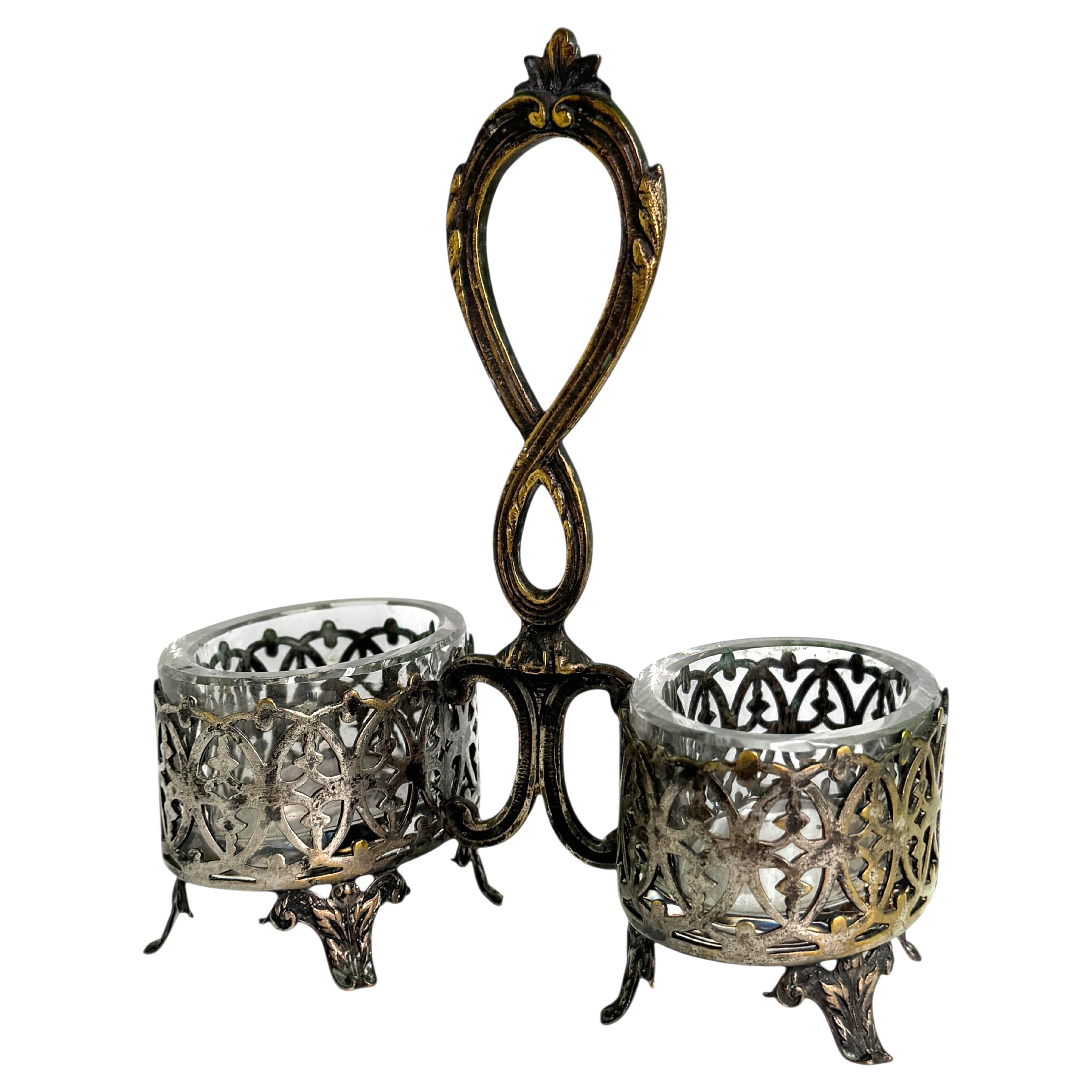 Double Table Salt Cellar Silver Plated Metal With 2 Glasses, Antique Sweden