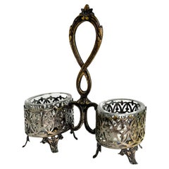 Double Table Salt Cellar Silver Plated Metal With 2 Glasses, Antique Sweden