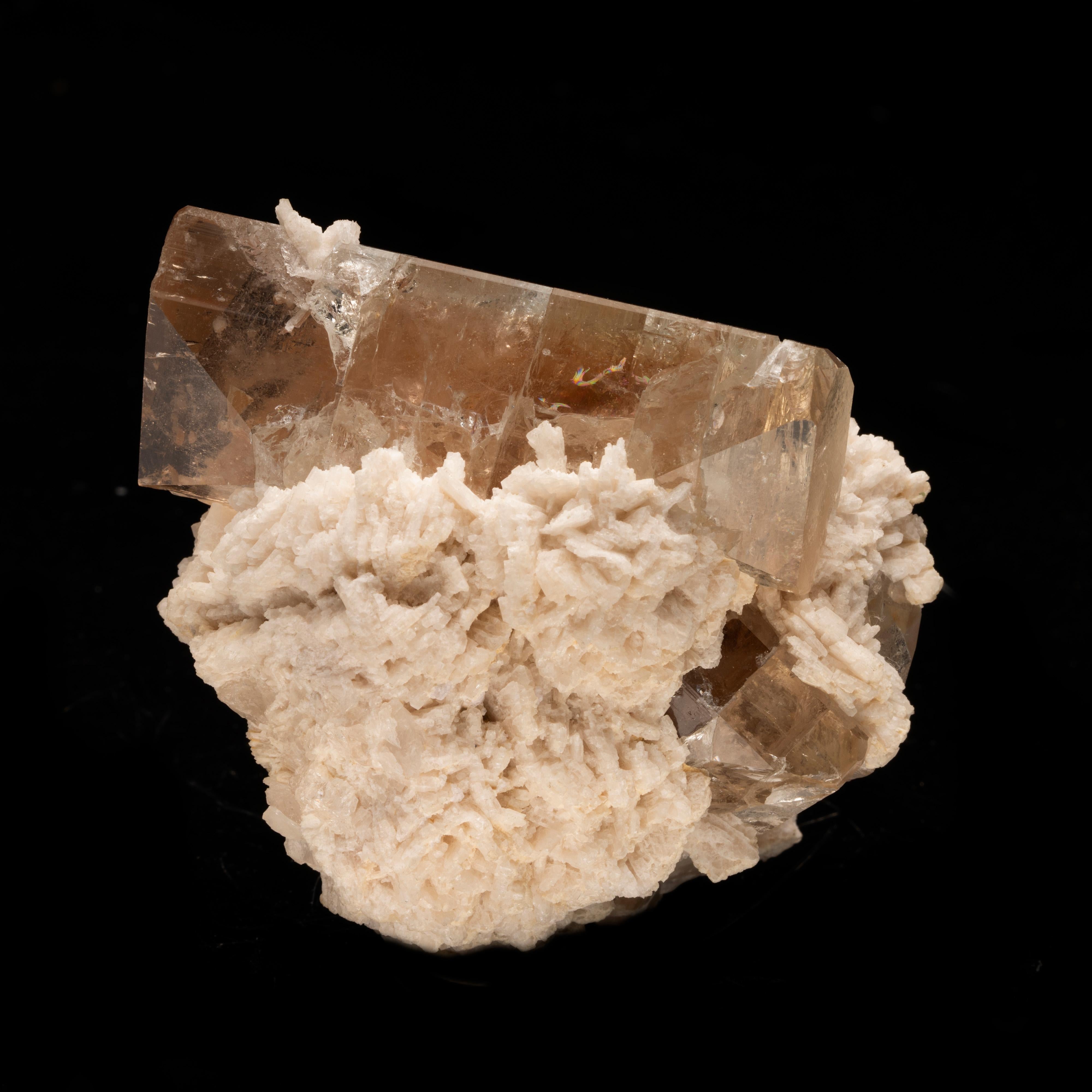 This gorgeous natural arrangement out of Pakistan features a beautifully pigmented large double terminated champagne topaz growing straight across a bed of textural and contrastingly opaque albite, which brings out the beautiful translucency and