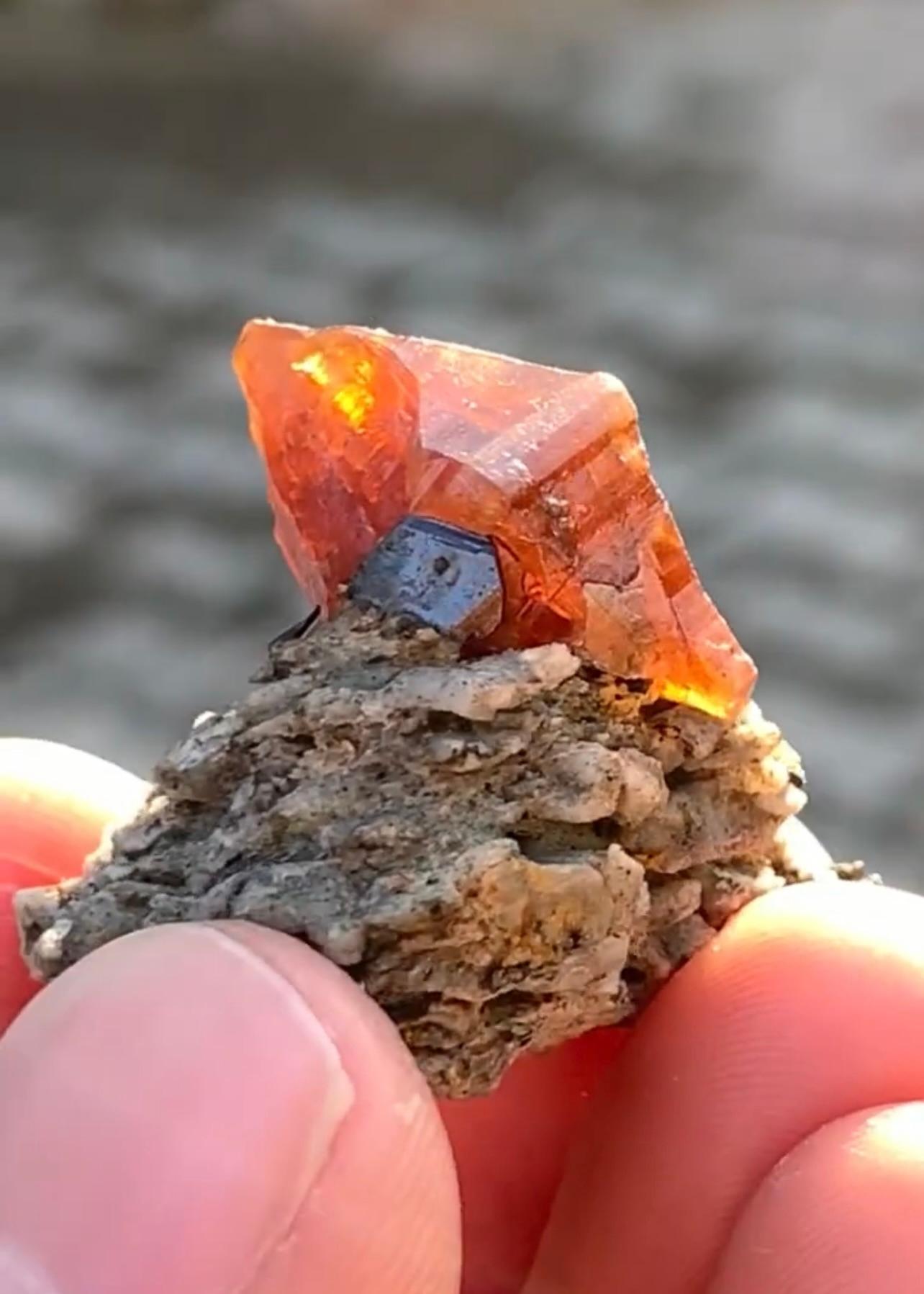 Double Terminated Parisite Crystal With Ilmenite On Matrix From Pakistan In Good Condition For Sale In Peshawar, PK
