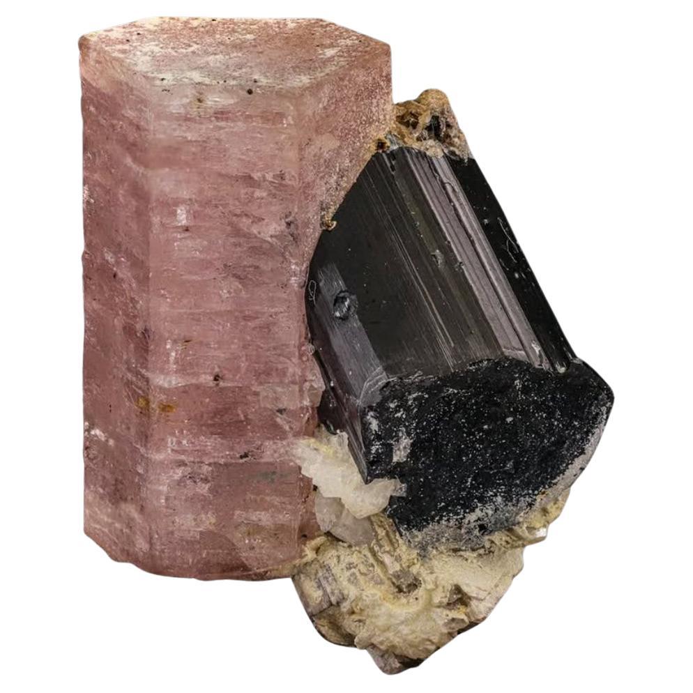 Double Terminated Pink Apatite Perched On Schorl With Albite From Pakistan
