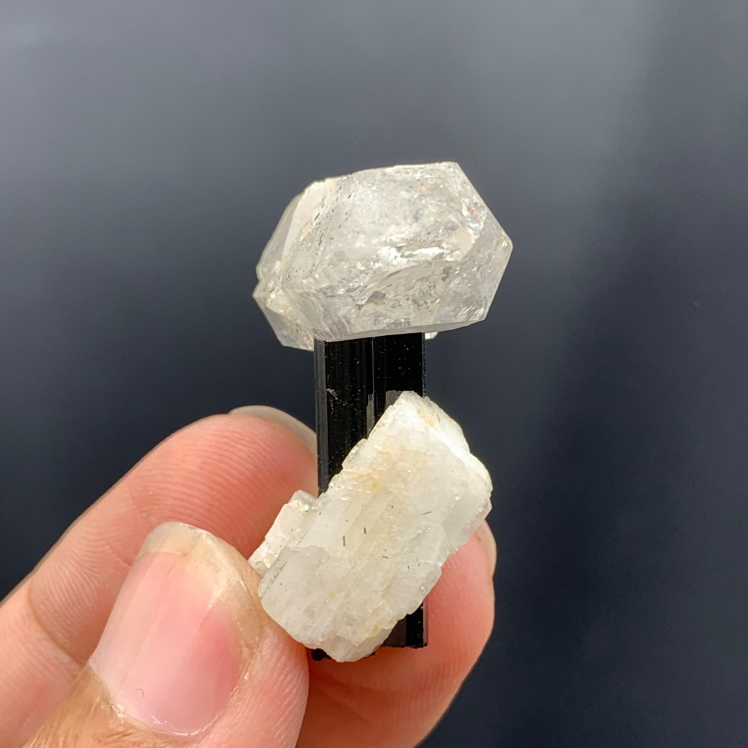 Double Terminated Quartz Crystal On Black Tourmaline With Albite From Pakistan In Good Condition For Sale In Peshawar, PK