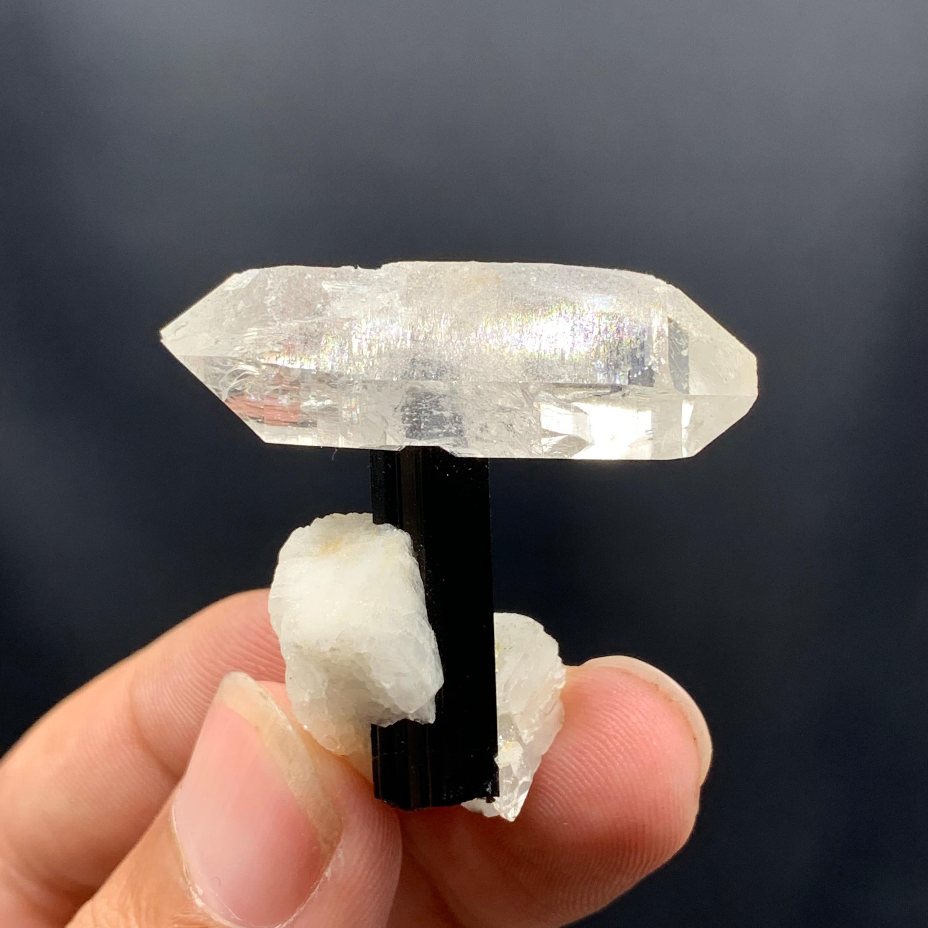 Contemporary Double Terminated Quartz Crystal On Black Tourmaline With Albite From Pakistan For Sale
