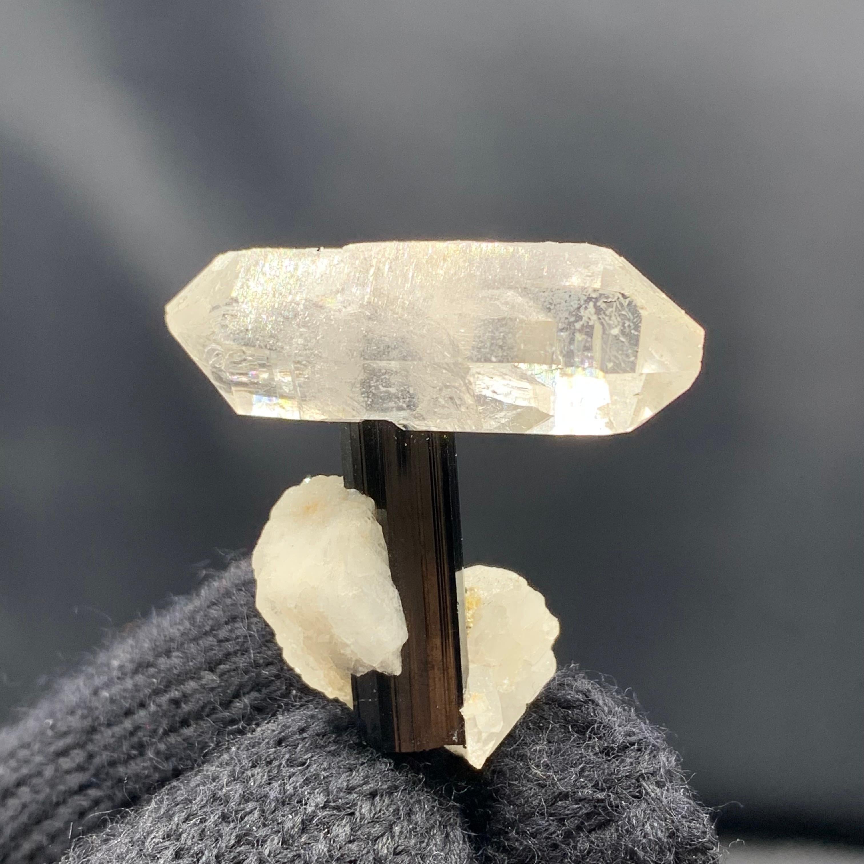 Double Terminated Quartz Crystal On Black Tourmaline With Albite From Pakistan For Sale 1