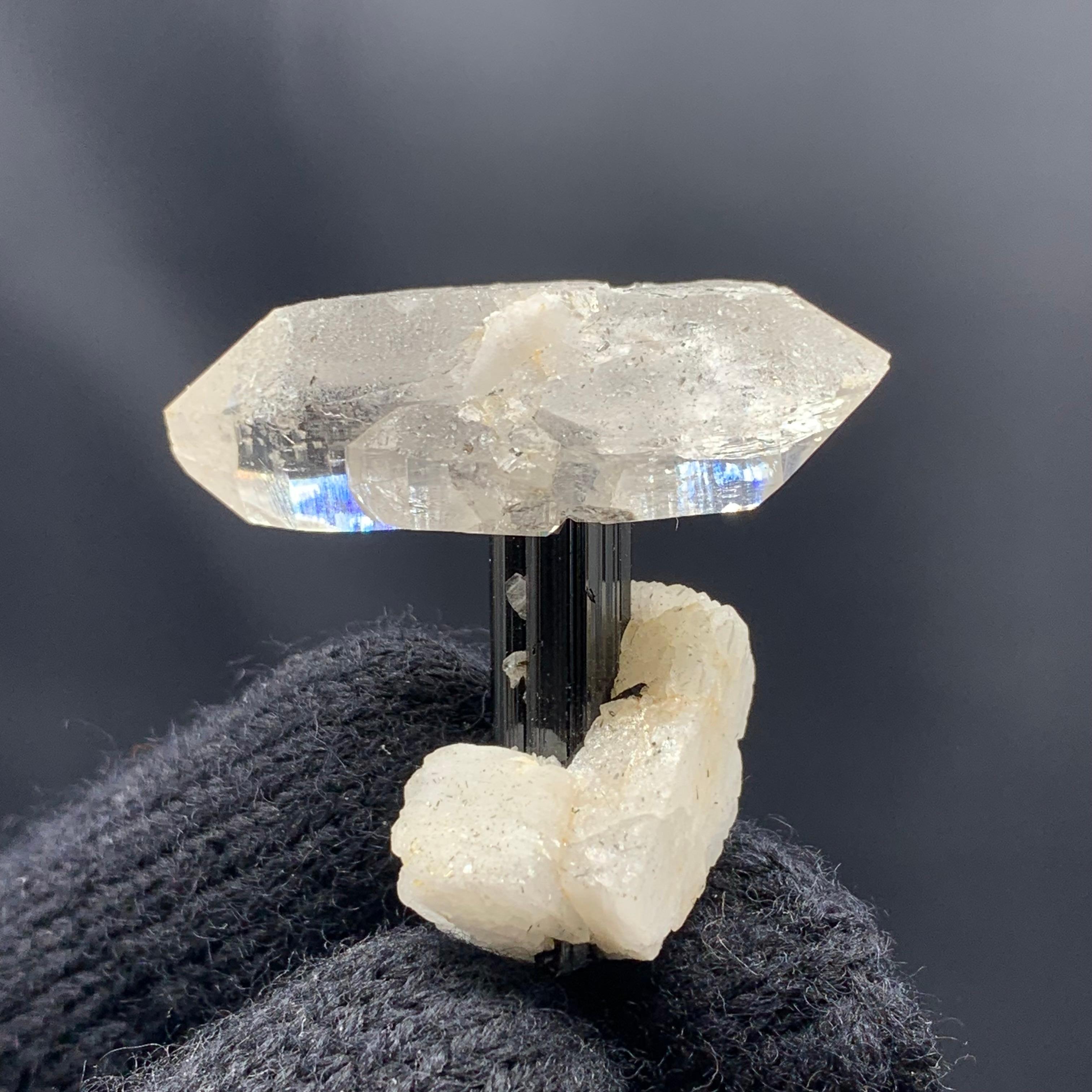 Double Terminated Quartz Crystal On Black Tourmaline With Albite From Pakistan For Sale 2