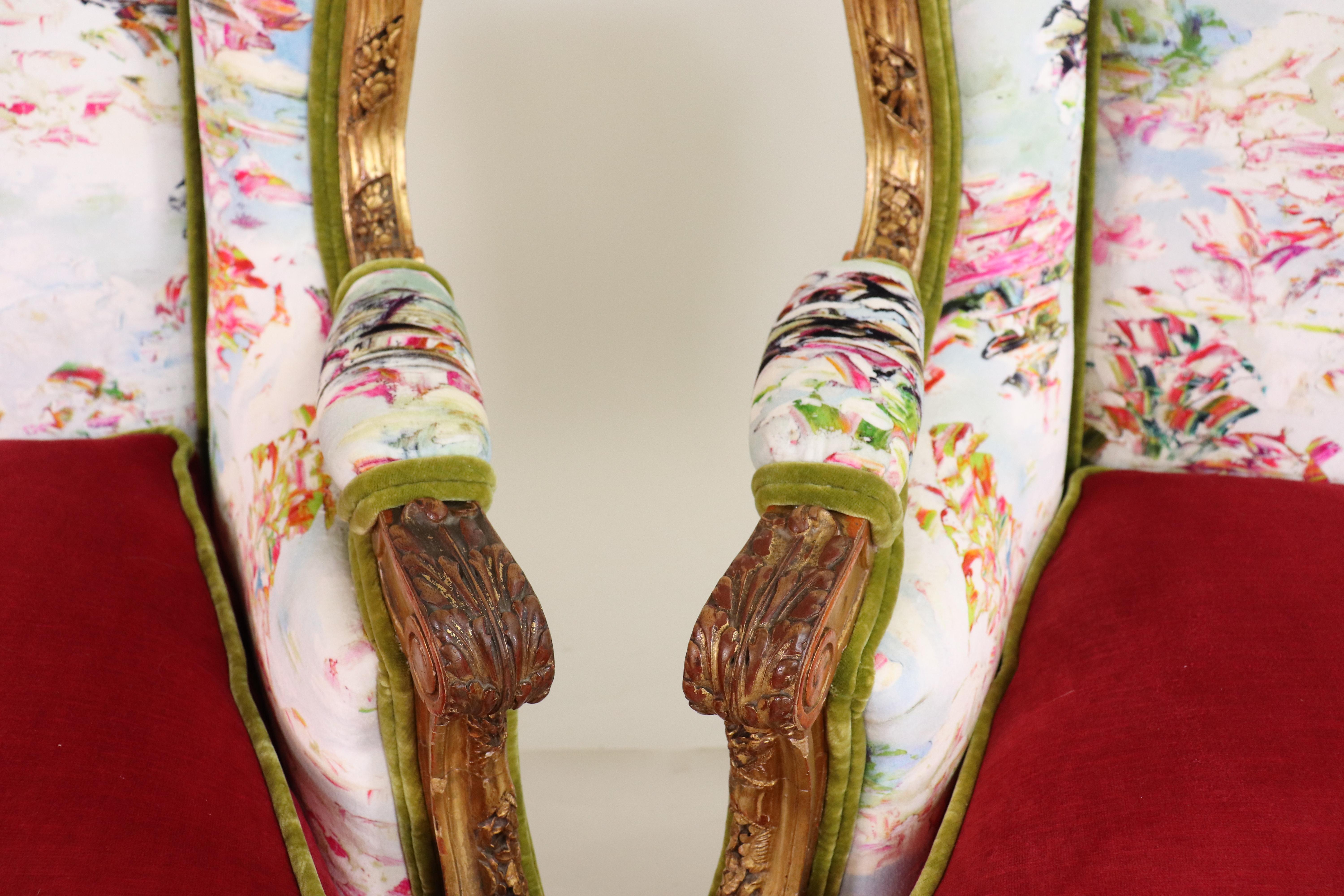 Pair of Mid-19th Century Louis XVI Giltwood Bergère Armchairs with Modern Fabric For Sale 6