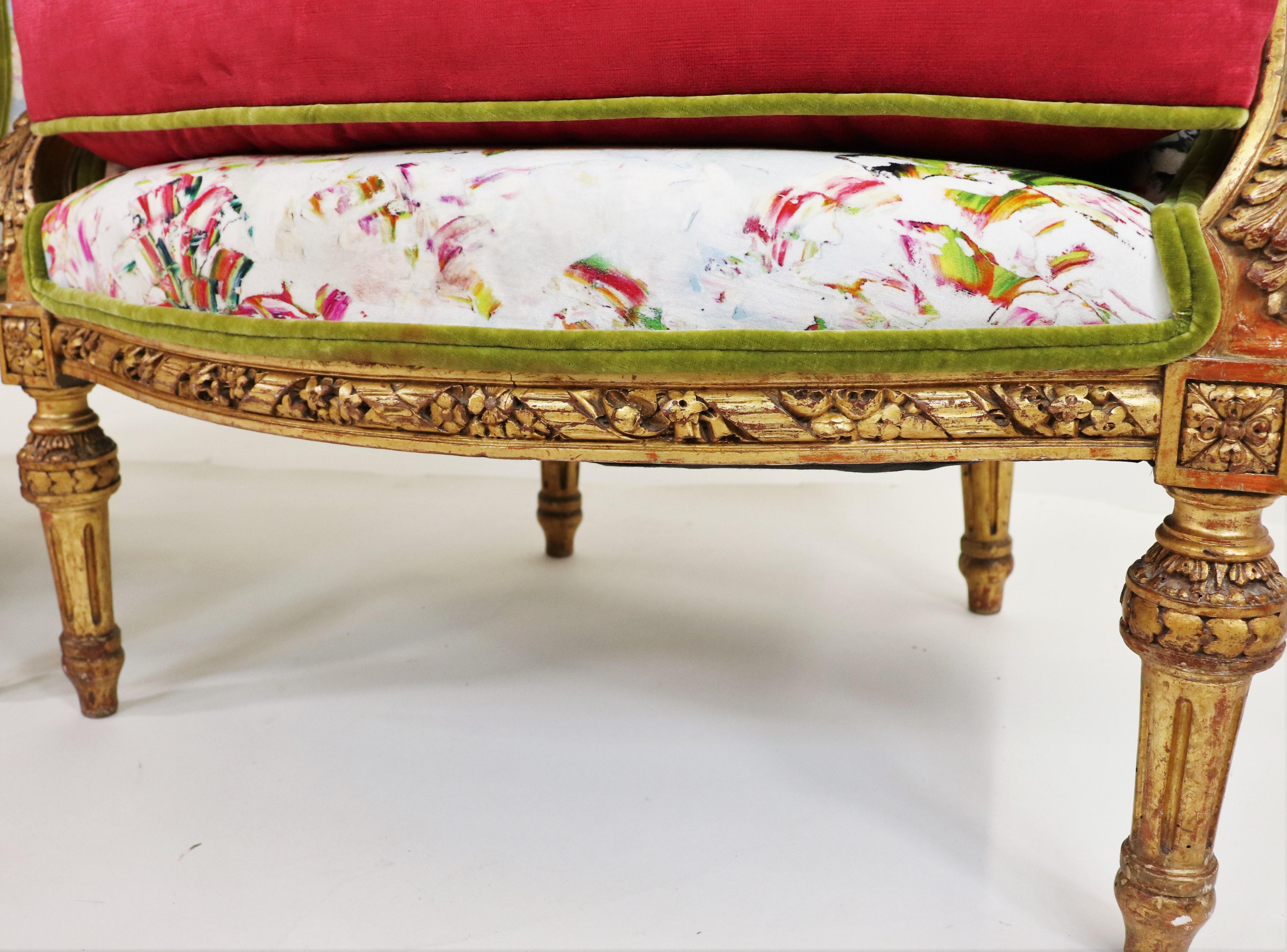 Pair of Mid-19th Century Louis XVI Giltwood Bergère Armchairs with Modern Fabric For Sale 8