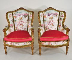 Pair of Mid-19th Century Louis XVI Giltwood Bergère Armchairs with Modern Fabric