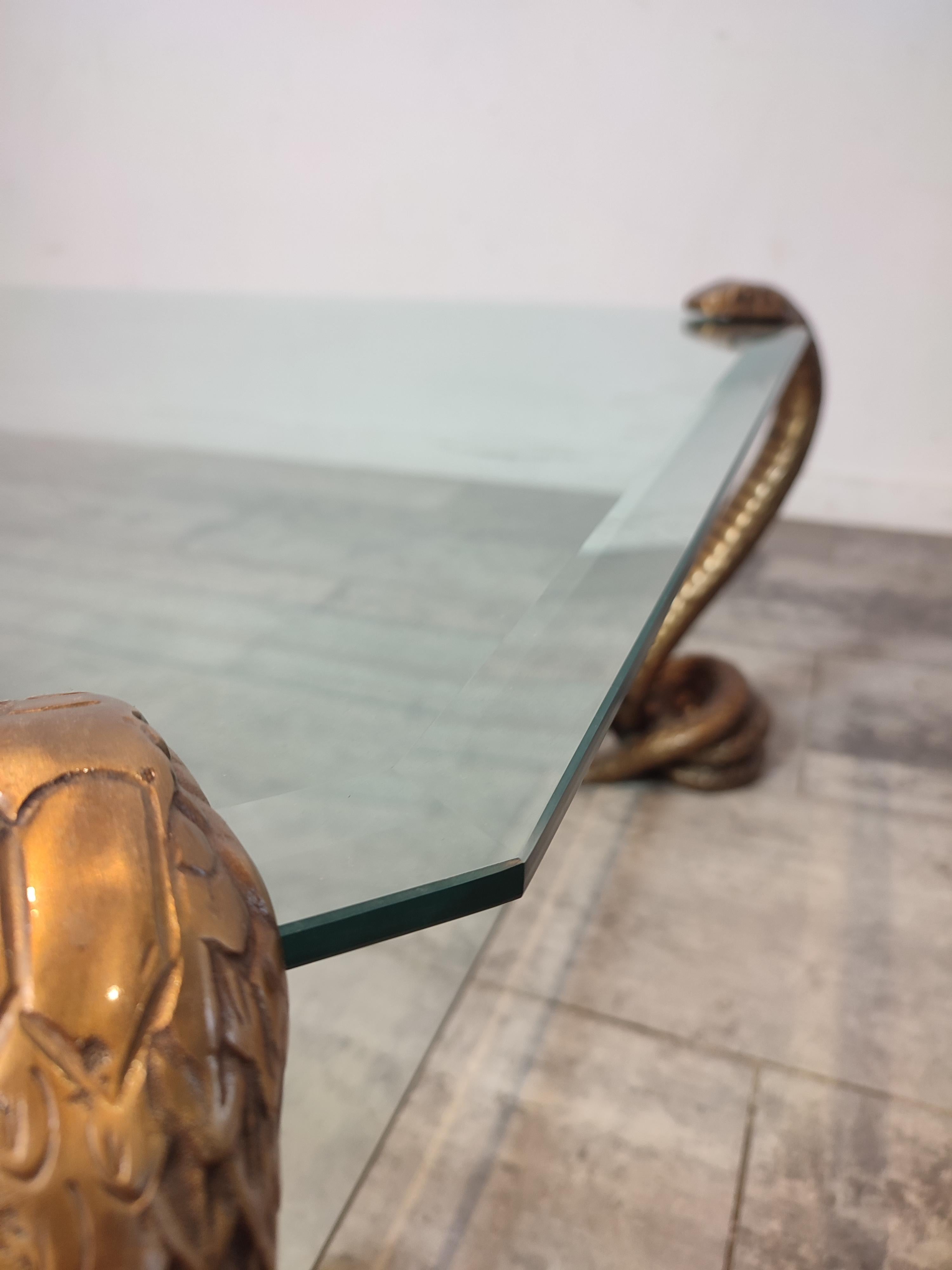 Metal Double Tier Brass Snake Glass Table For Sale