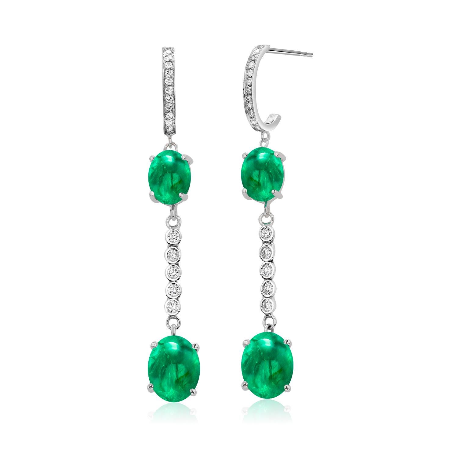 Contemporary Double Tiered Cabochon Emerald and Diamond White Gold Hoop Drop Earrings