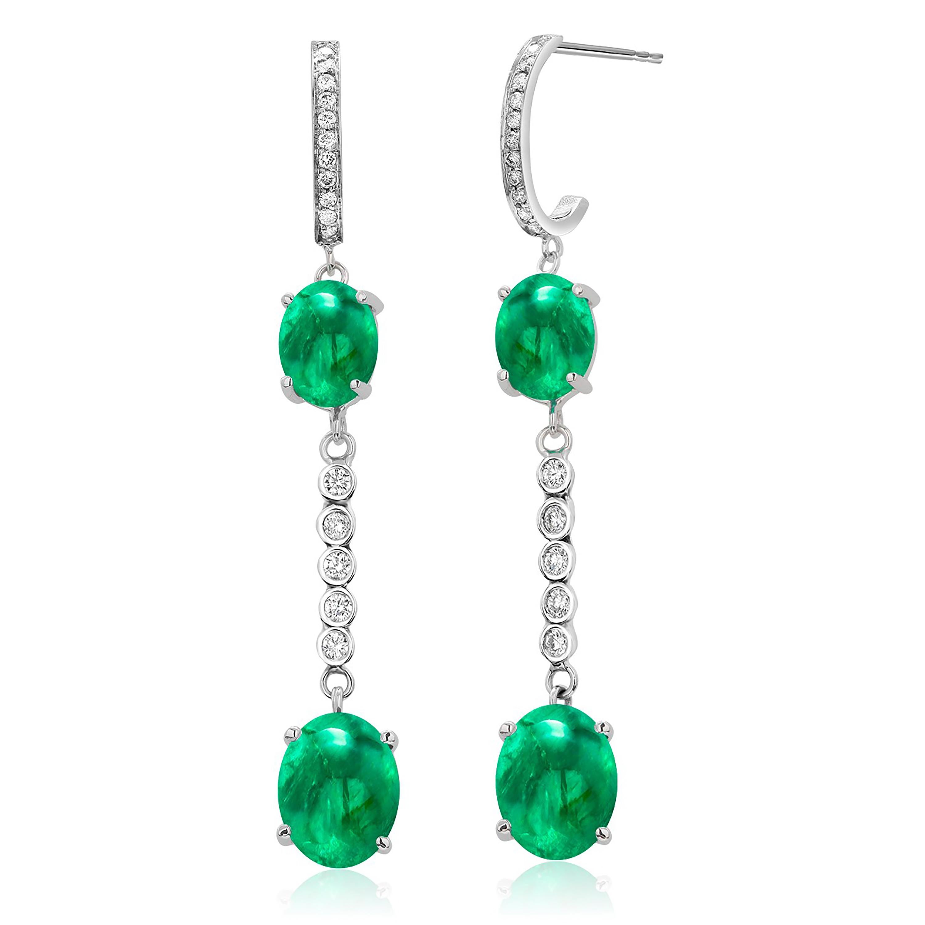 Double Tiered Cabochon Emerald and Diamond White Gold Hoop Drop Earrings In New Condition In New York, NY