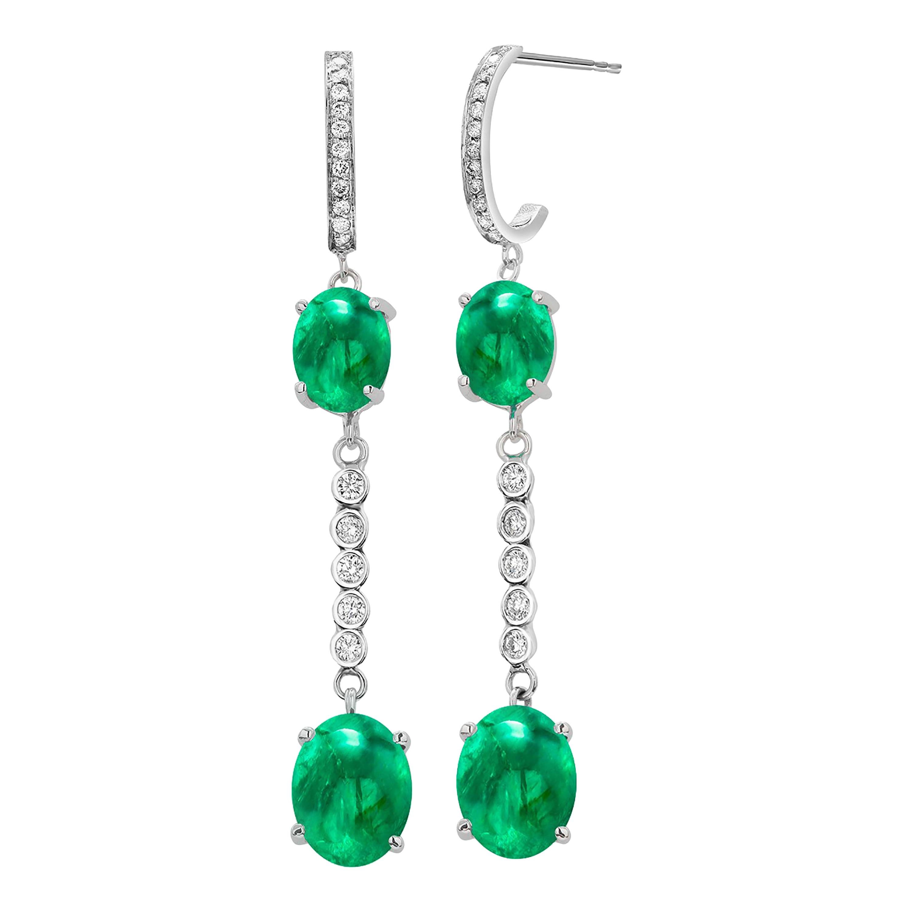 Double Tiered Cabochon Emerald and Diamond White Gold Hoop Drop Earrings