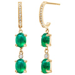 Double Tier Cabochon Emerald and Diamond Yellow Gold Hoop Drop Earrings