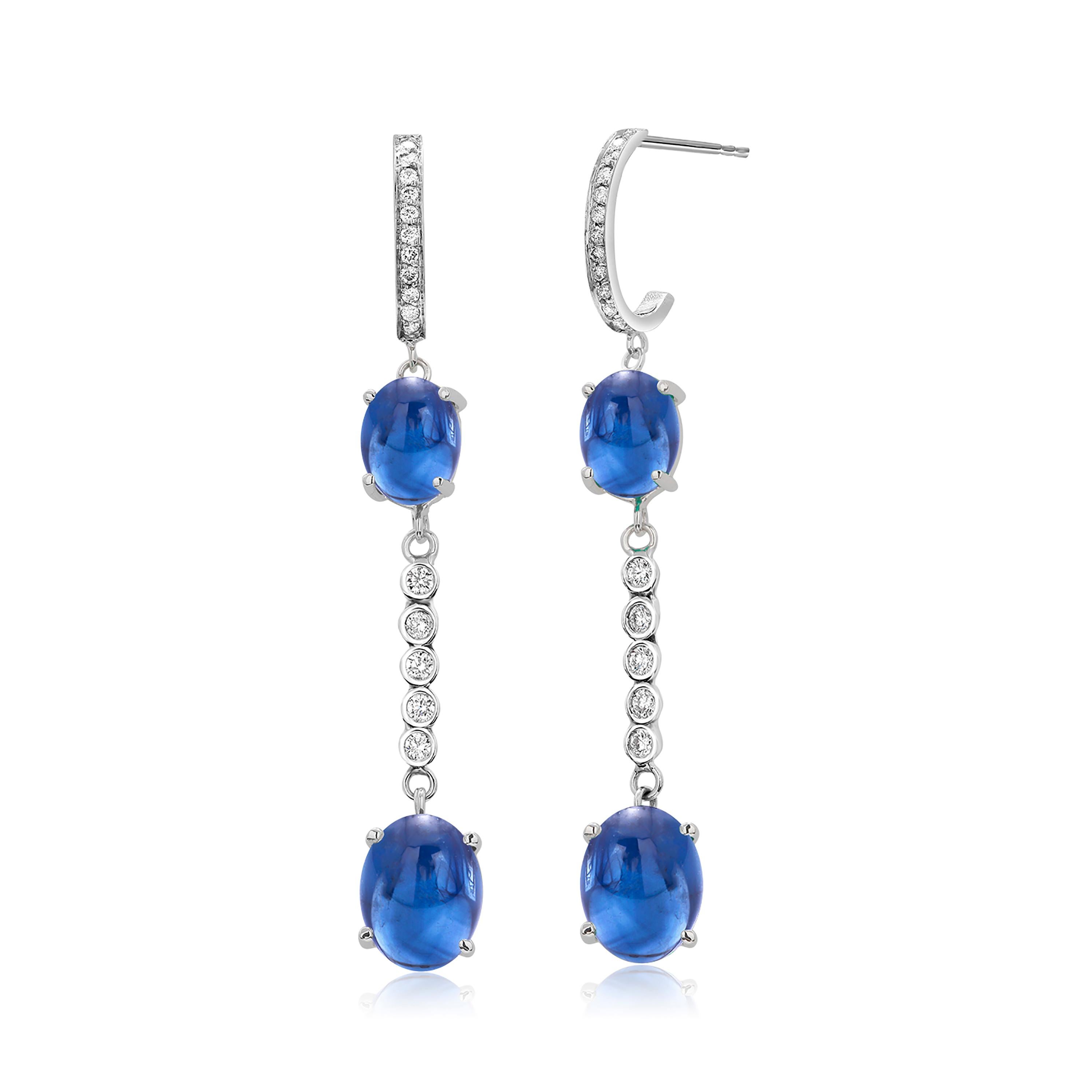 Oval Cut Double Tier Ceylon Cabochon Sapphire and Diamond White Gold Hoop Drop Earrings