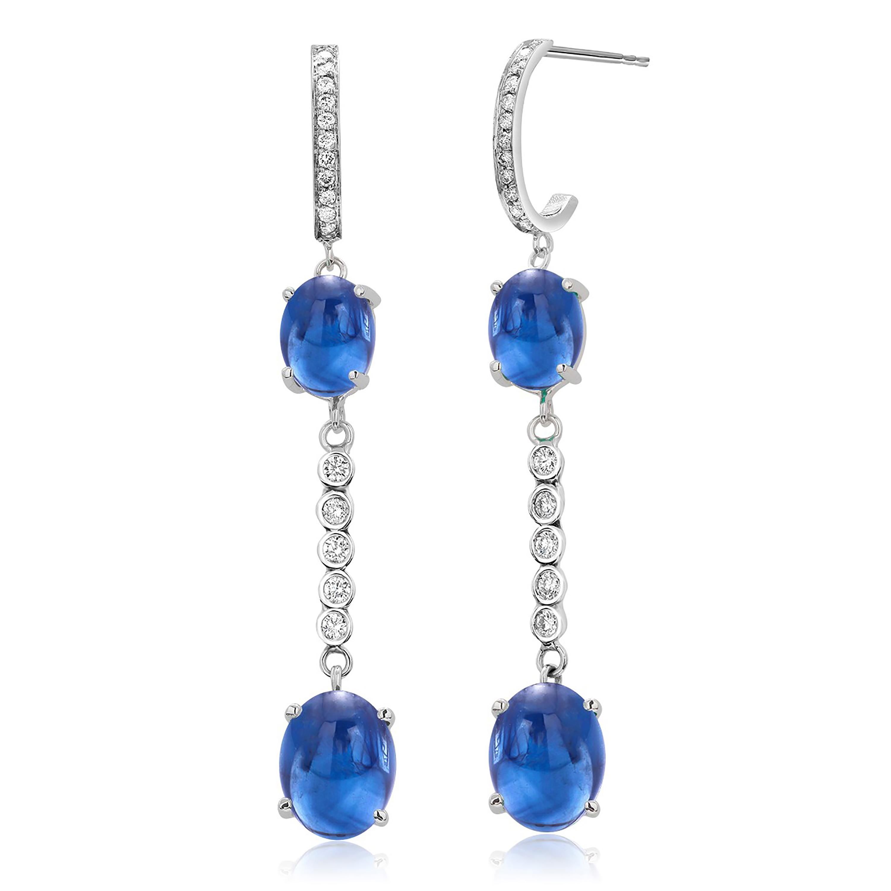 Double Tier Ceylon Cabochon Sapphire and Diamond White Gold Hoop Drop Earrings 1