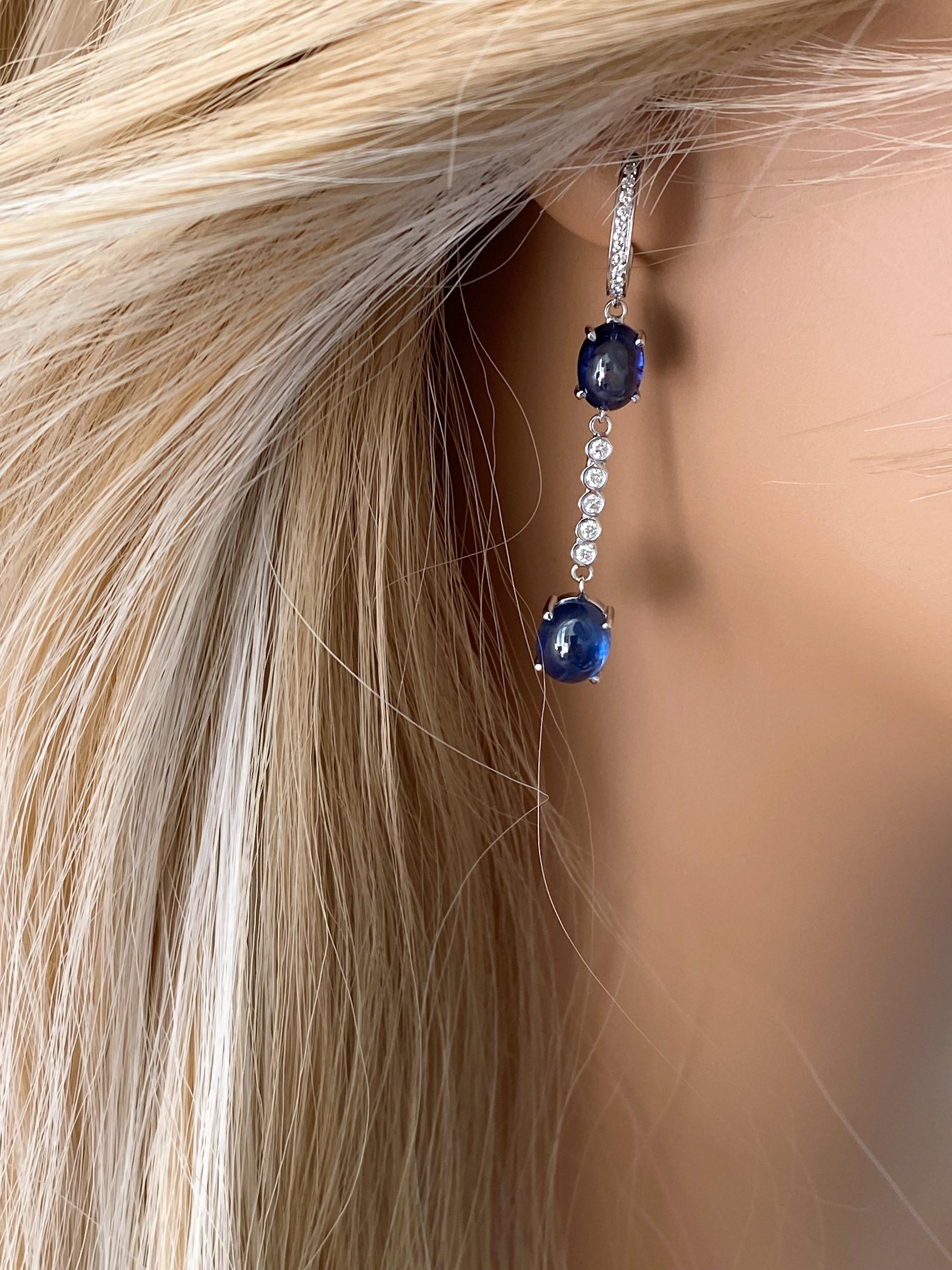 Contemporary Double Tier Ceylon Cabochon Sapphire and Diamond White Gold Hoop Drop Earrings
