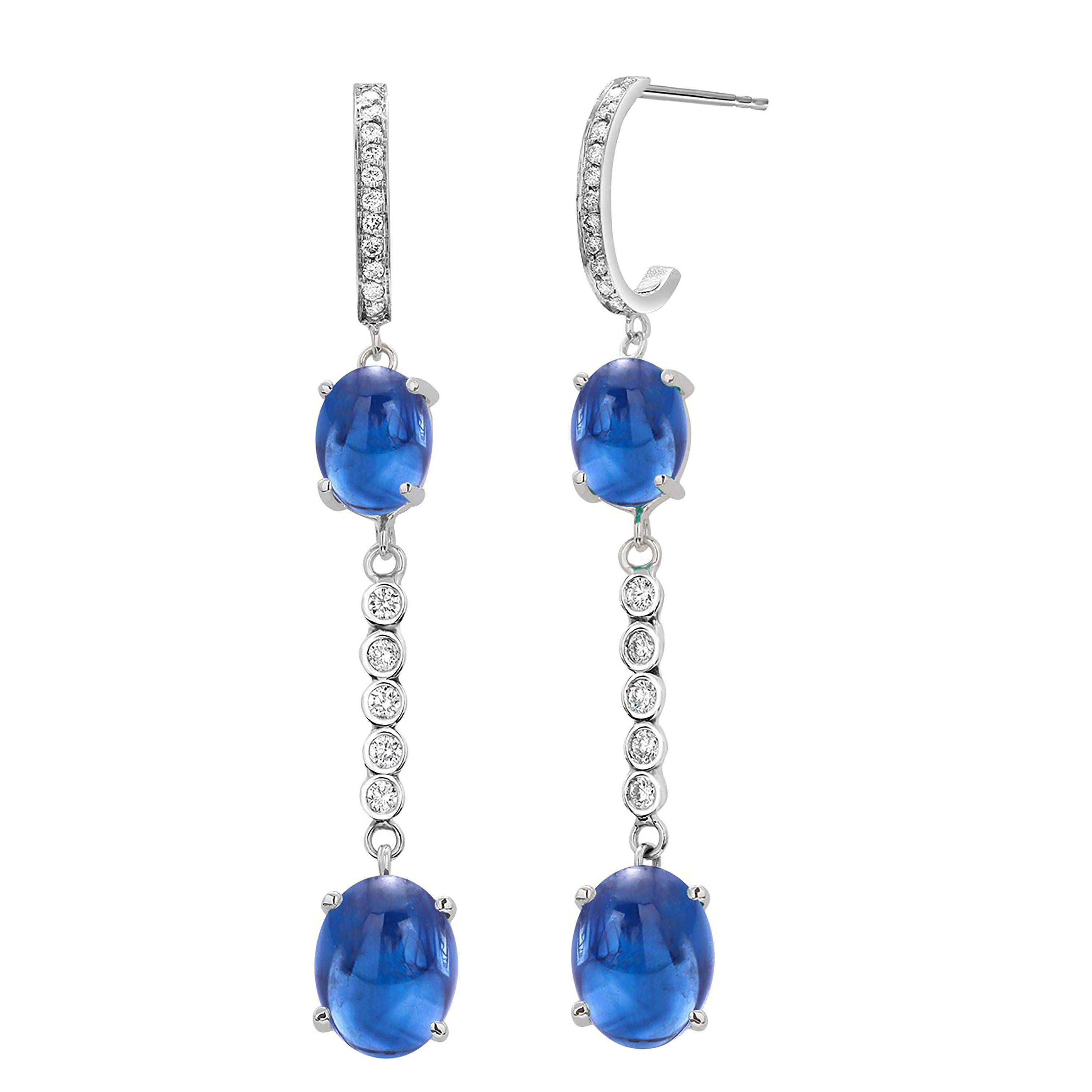 Double Tier Cabochon Sapphire and Diamond White Gold Hoop Drop Earrings