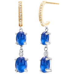 Double Tier Cabochon Sapphire and Diamond White Yellow Gold Hoop Drop Earrings