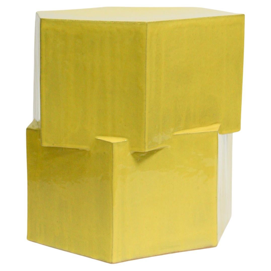 Double Tier Ceramic Hex Side Table in Gloss Yellow by BZIPPY For Sale