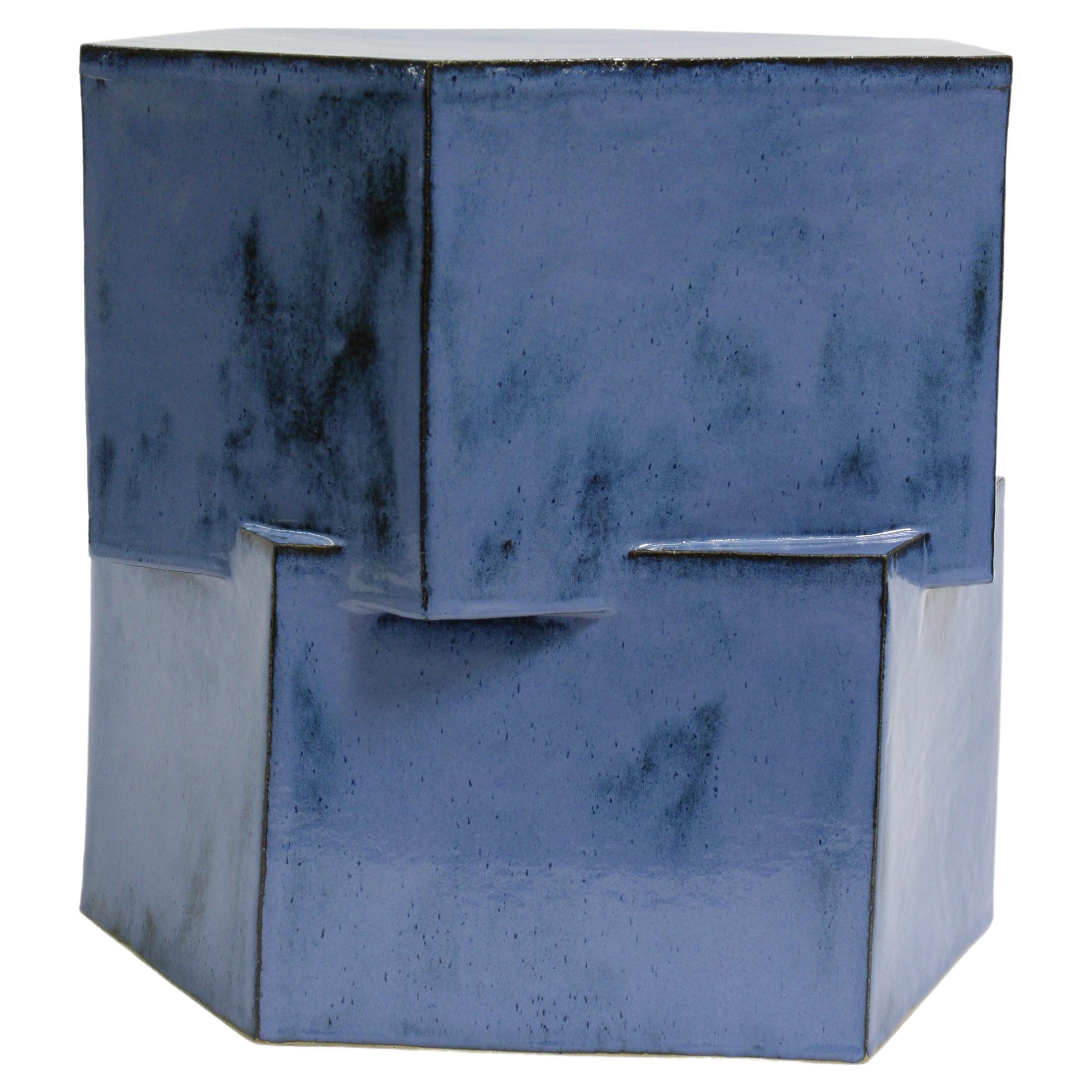 Double Tier Ceramic Hex Side Table in Mottled Blue by Bzippy For Sale
