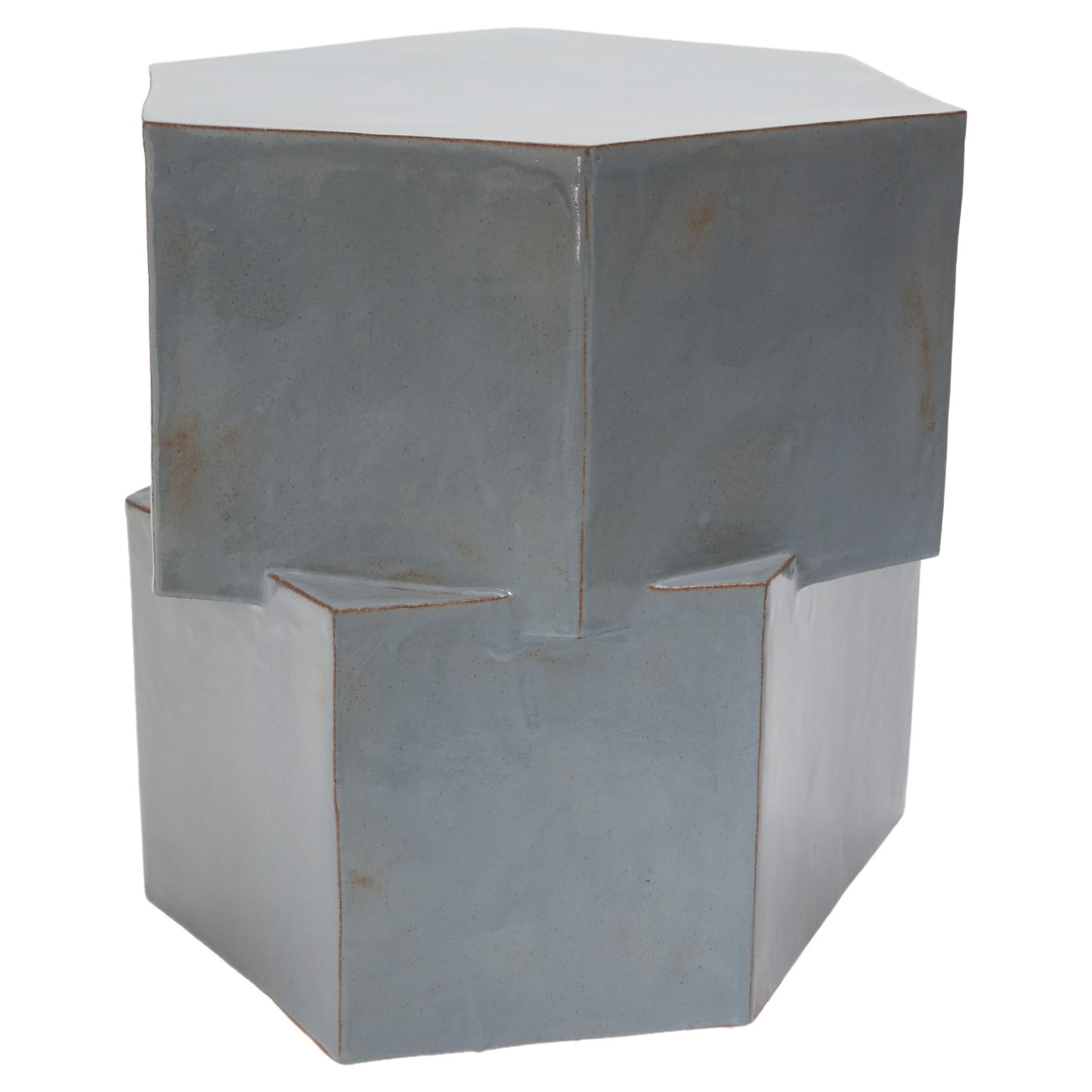 Double Tier Ceramic Hex Side Table in Rusty Blue Shino by BZIPPY For Sale
