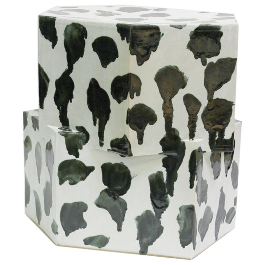 Double Tier Ceramic Hex Side Table in Drippy Palladium by BZIPPY