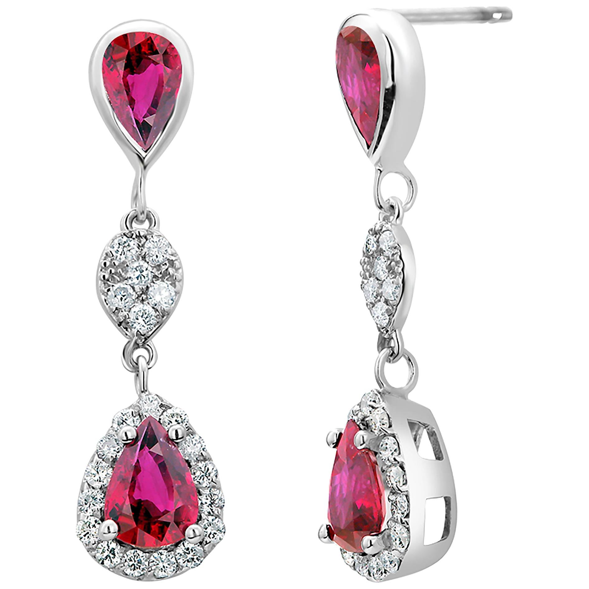Double Tiered Diamond and Pear Ruby Halo Style Gold Drop Earrings 