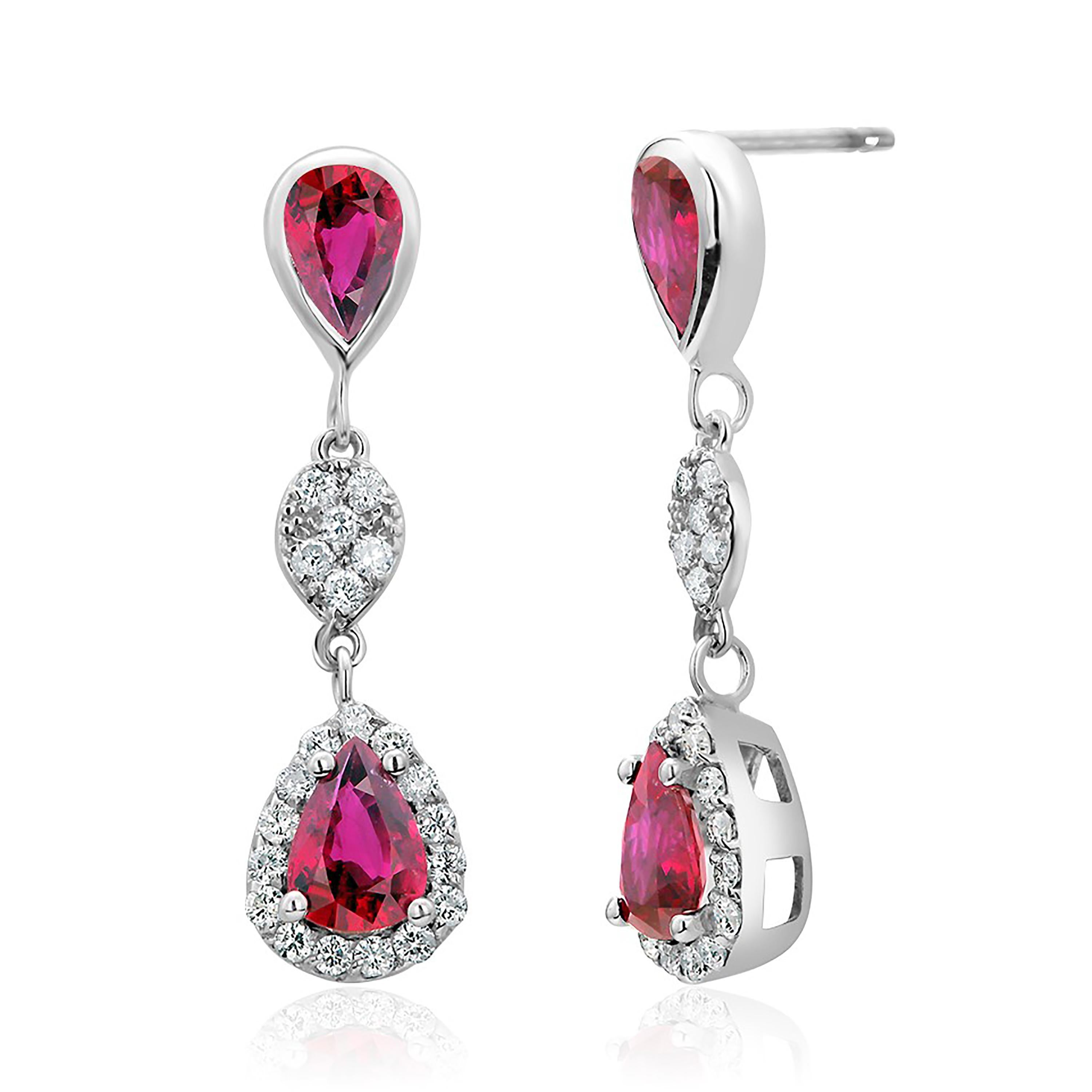 Modern Double Tiered Diamond and Pear Ruby Halo Style Gold Drop Earrings 