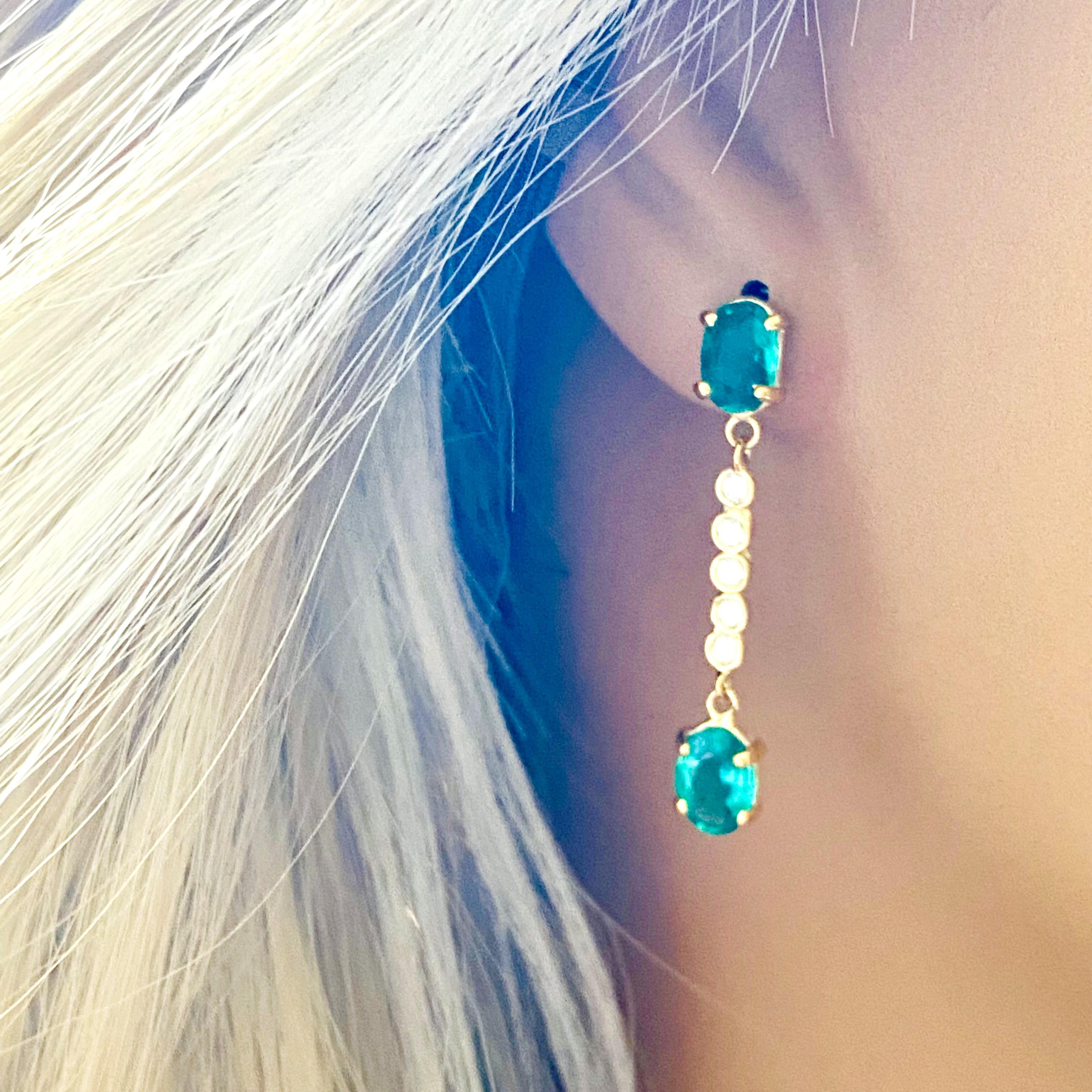 Double Tiered Oval Emeralds Diamonds Drop 14 Karat Yellow Gold Dangle Earrings 1