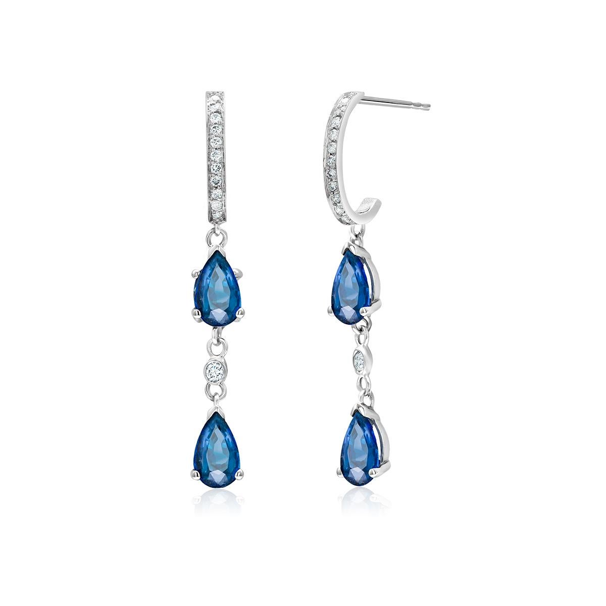 Pear Cut Double Tiered Pear Shaped Blue Sapphire Diamond Drop Hoop Gold Earrings