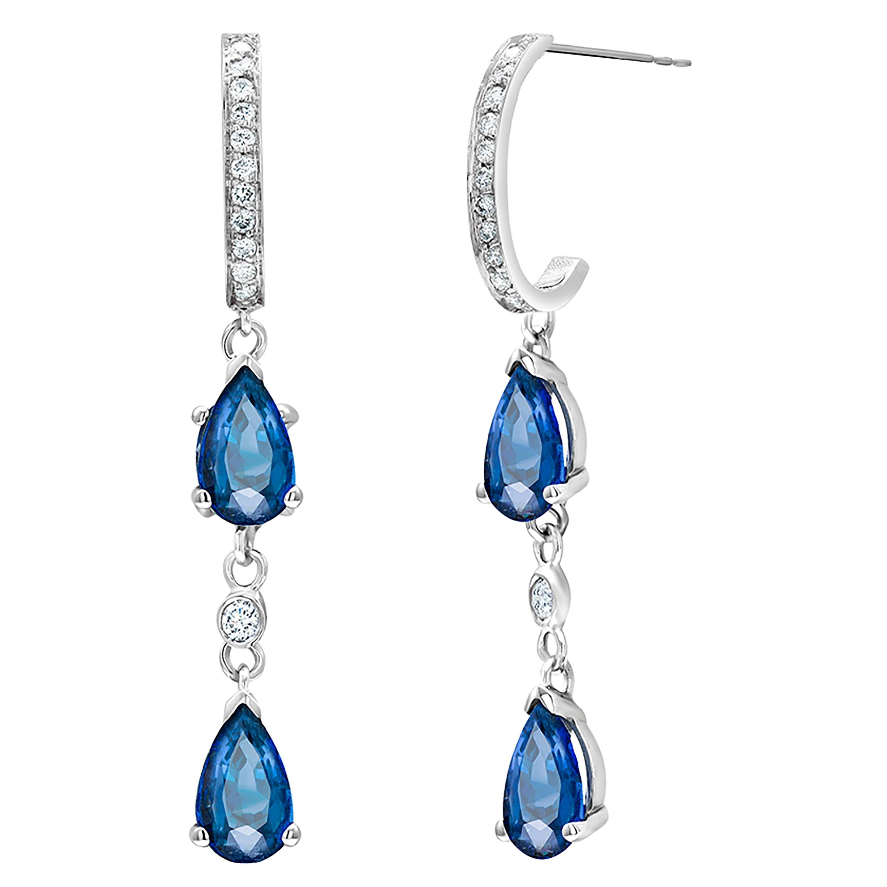 Double Tiered Pear Shaped Blue Sapphire Diamond Drop Hoop Gold Earrings