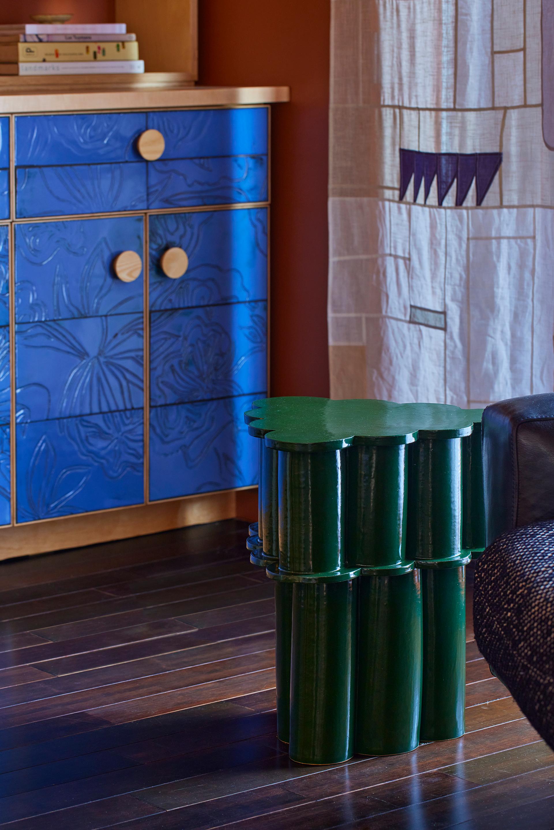 Double Tier Ruffle ceramic side table in Chrome Green. Made to order. 

BZIPPY ceramic goods are one-of-a-kind stoneware / earthenware editions including furniture, planters and home accessories. 

Each piece is designed, hand-built, glazed, and