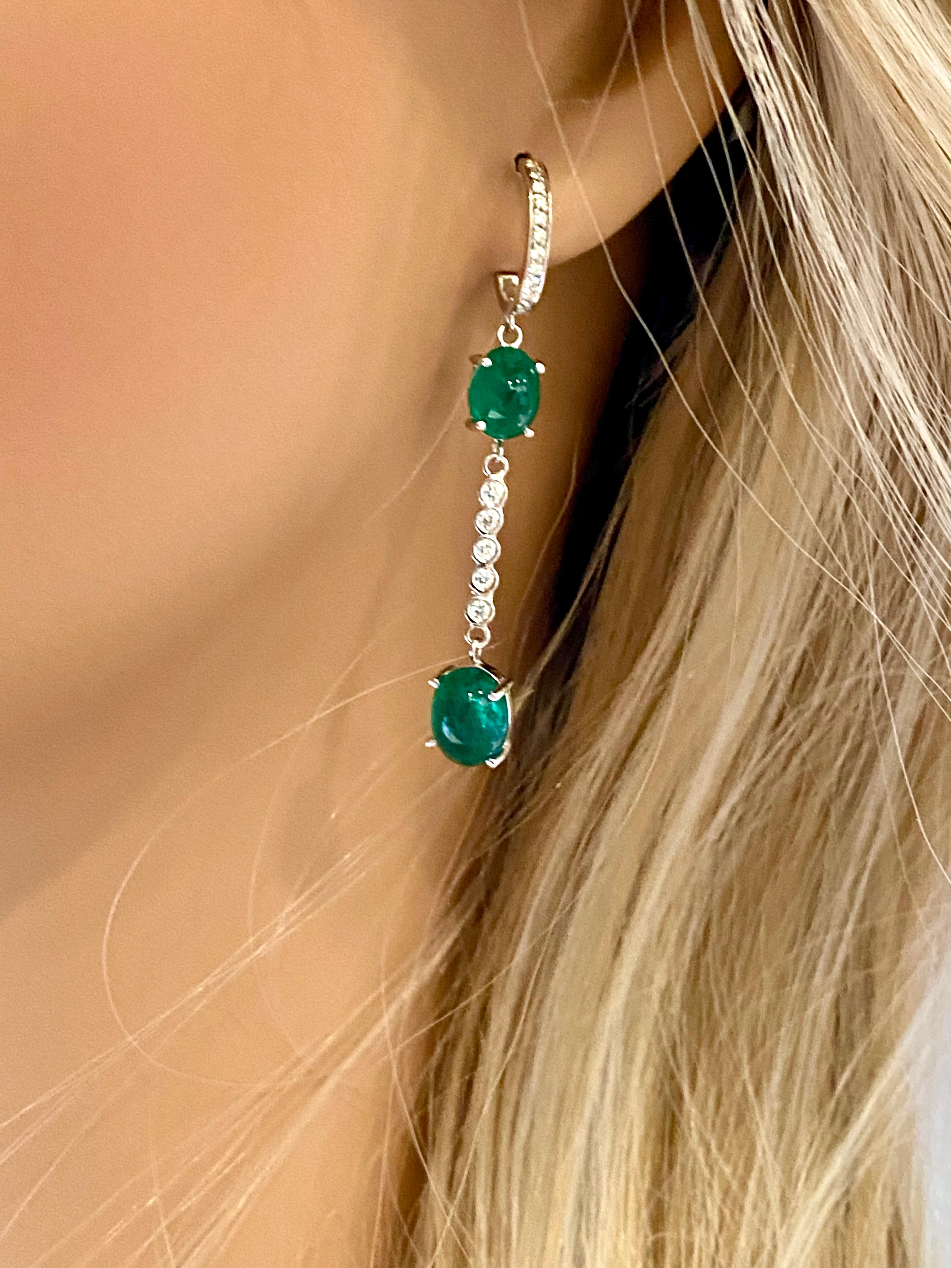 Oval Cut Double Tiered Cabochon Emerald and Diamond White Gold Hoop Drop Earrings