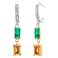 Double Tiered Emerald Yellow Sapphire Diamond Yellow White Gold Hoop Earrings