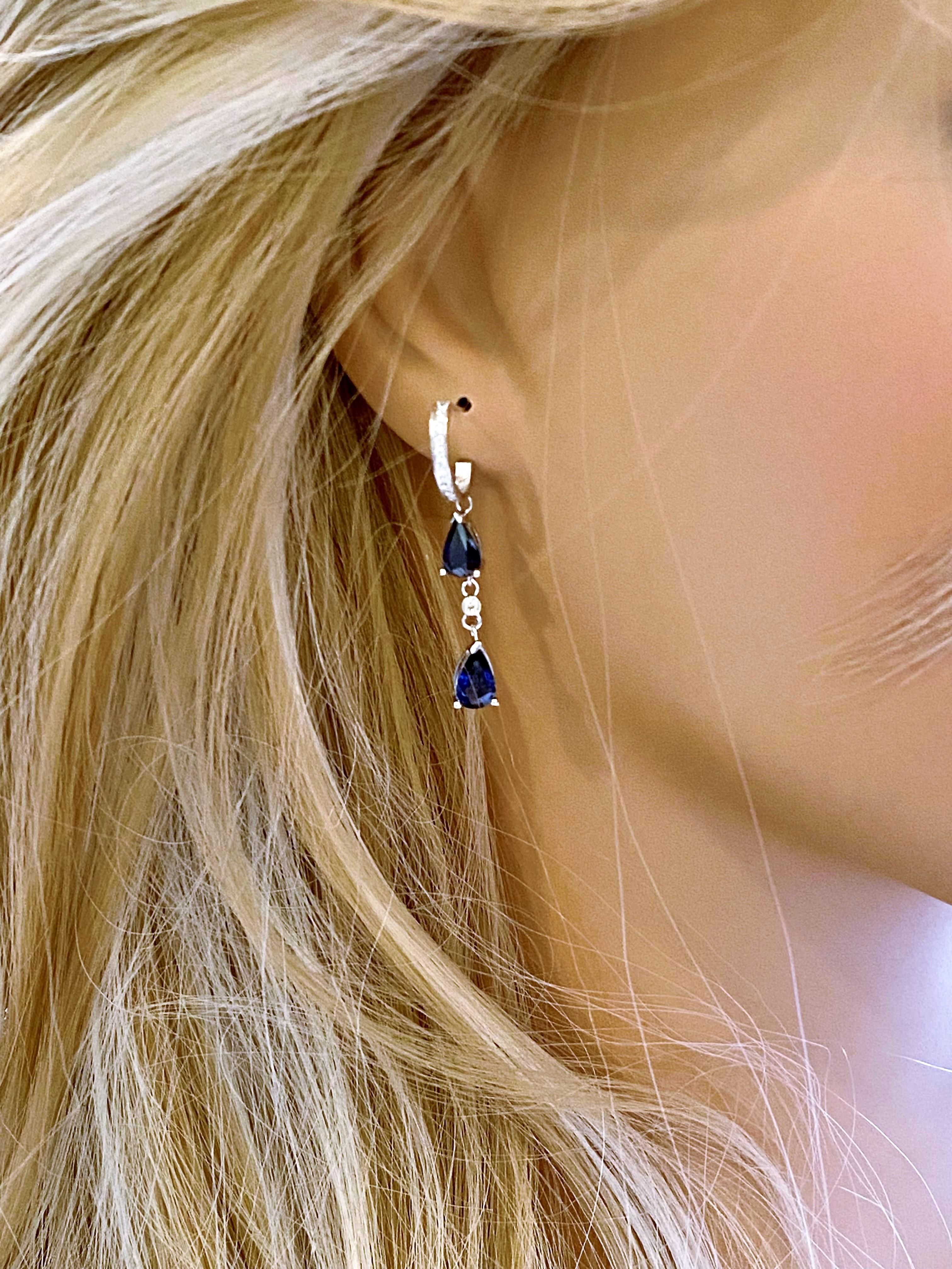 Contemporary Double Tiered Pear Shaped Blue Sapphire Diamond Drop Hoop Gold Earrings