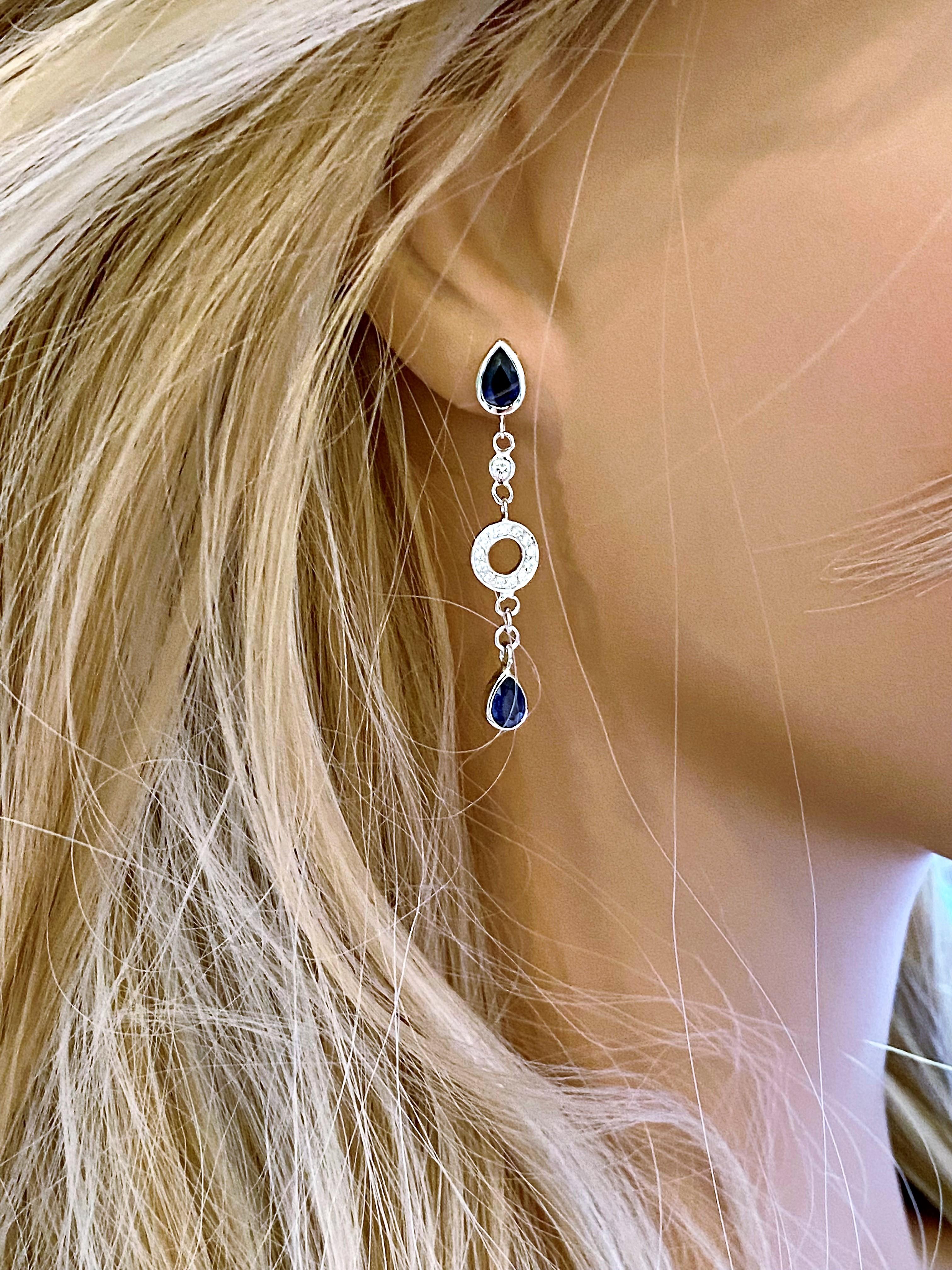 Modern Double Tiered Pear Shaped Sapphire and Circle Diamond White Gold Drop Earrings 