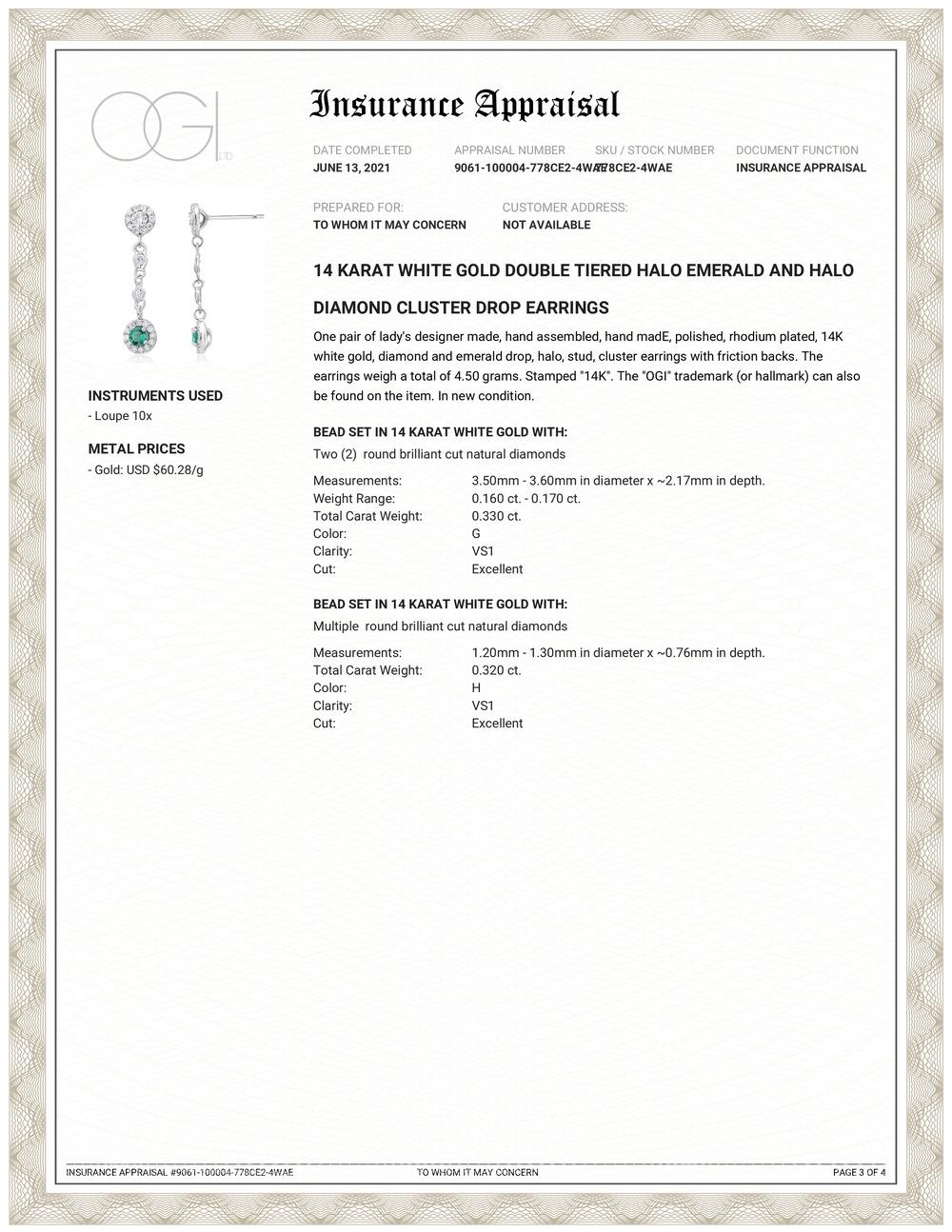 Fourteen karats white gold drop cluster earrings 
Diamonds weighing 0.65 carat
Emeralds weighing 0.35 carats 
Emerald hue tone color is of deep forest green
One of a kind earrings 
New Earrings
Handmade in the USA
Earrings are hanging off a straight