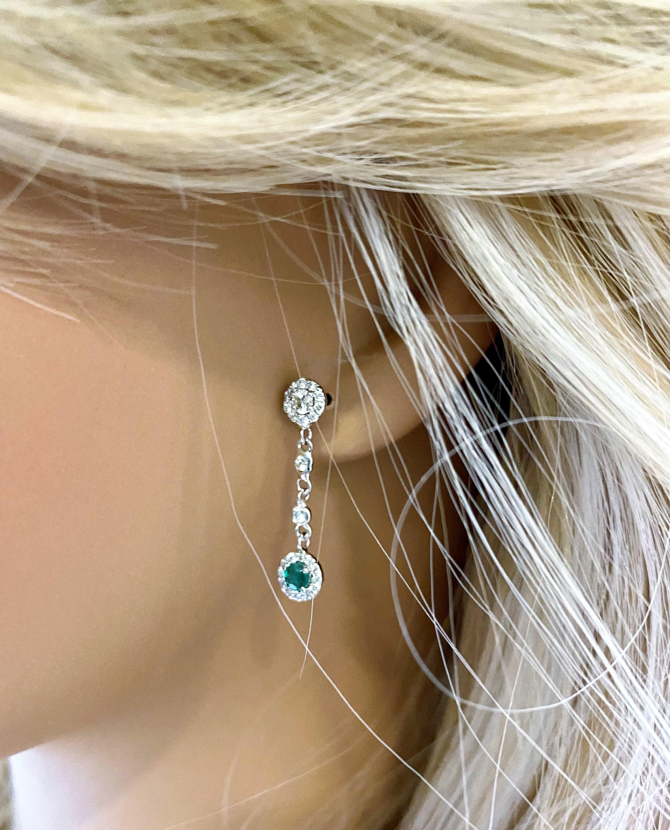 Round Cut Double Tiered White Gold Halo Emerald and Halo Diamond Cluster Drop Earrings 