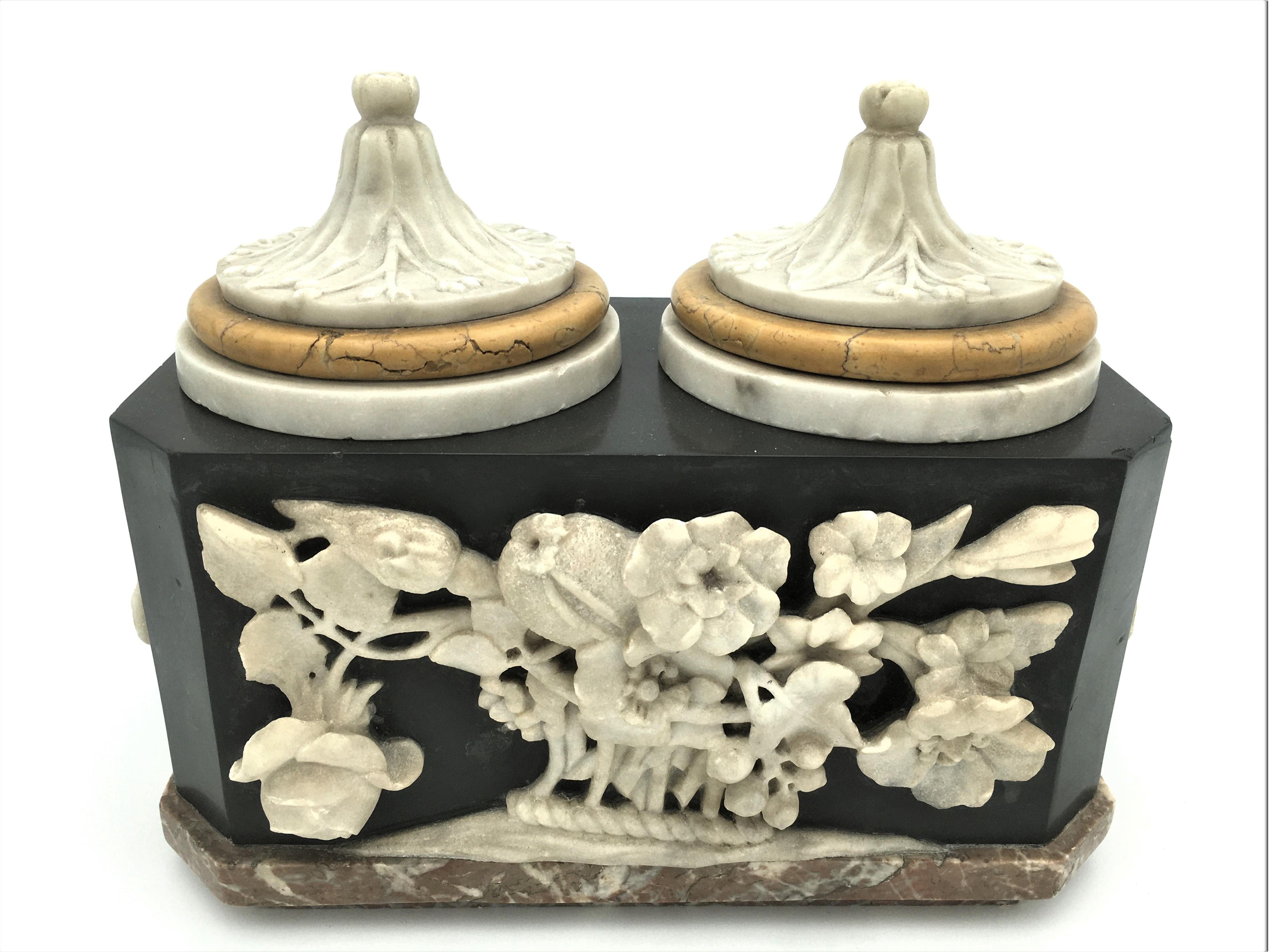 Rare marble double tobacco pot made in 3 different types and colors of marble and guilding; Beautiful hand carved white marble floral decoration.
Napoléon 3 period
circa 1870.
  