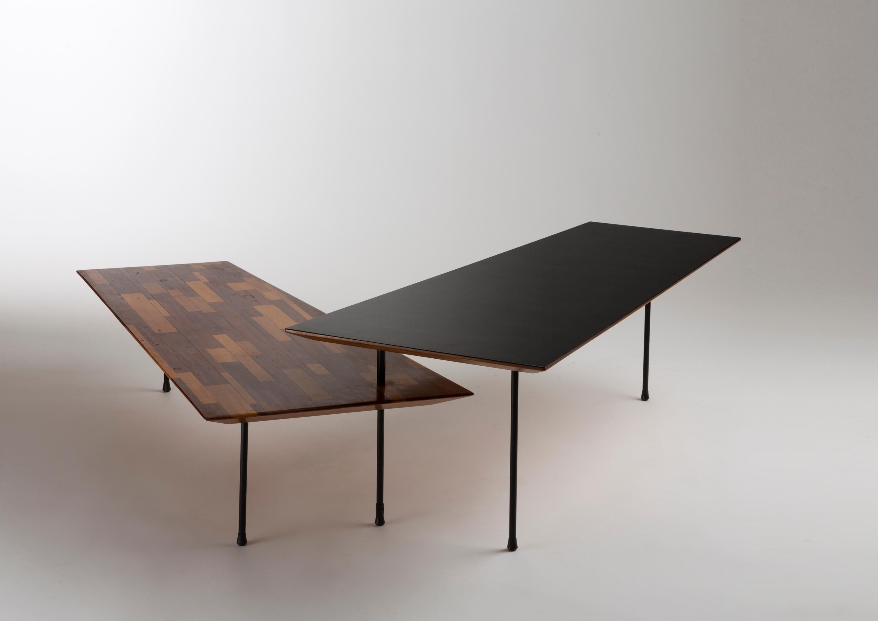A double top coffee table attributed to Taichiro Nakai, in black lacquered metal, black laminate and wood marquetry, circa 1960

Black top : H_42 cm L_118,5 cm P_52,5 cm
Marquetry top : H_22 cm L_118,5 cm P_52,5 cm
Black top : 16 1/2 x 46 5/8 x