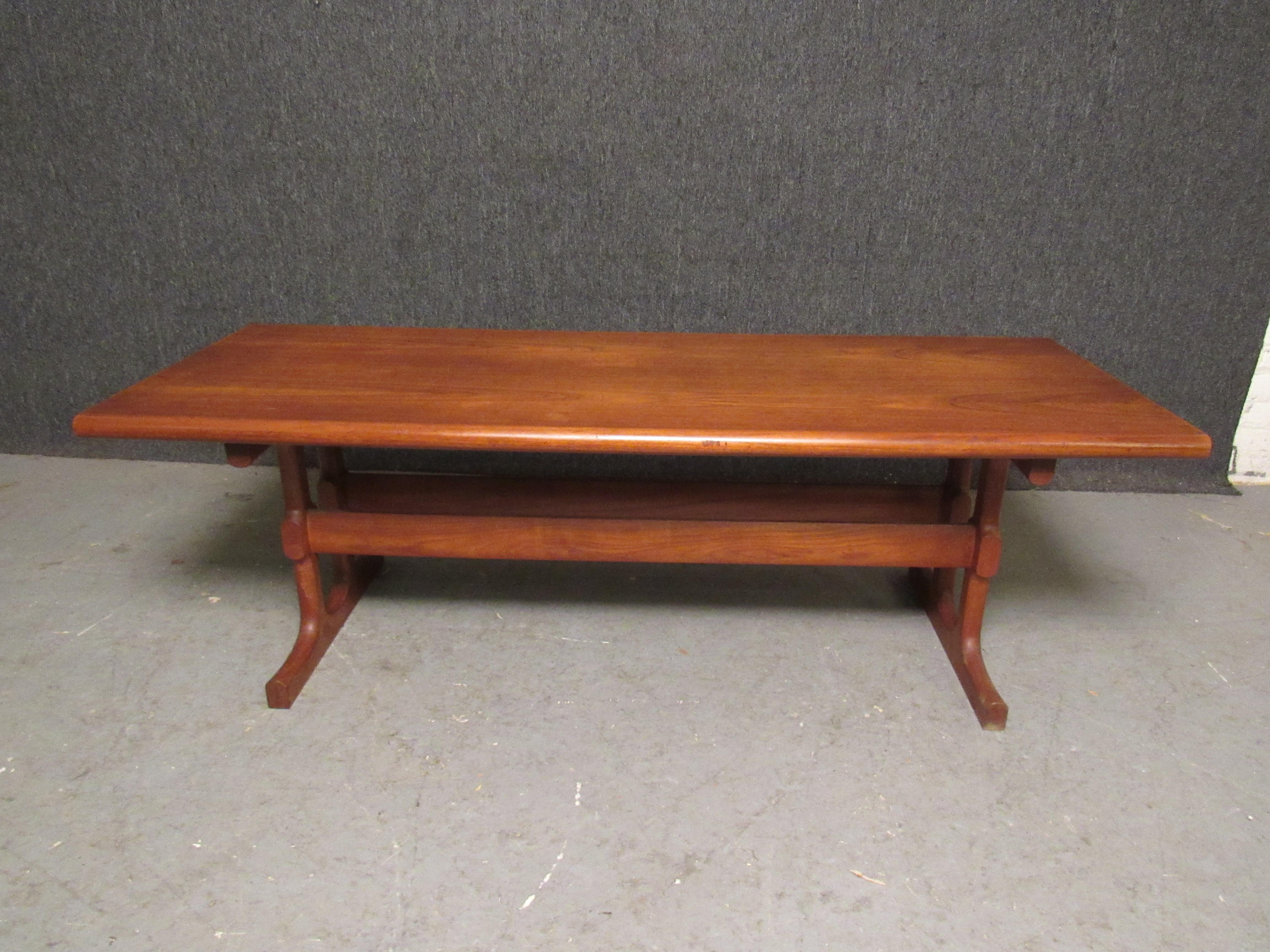 Carved Double Trestle Danish Teak Coffee Table by CFC Silkeborg For Sale