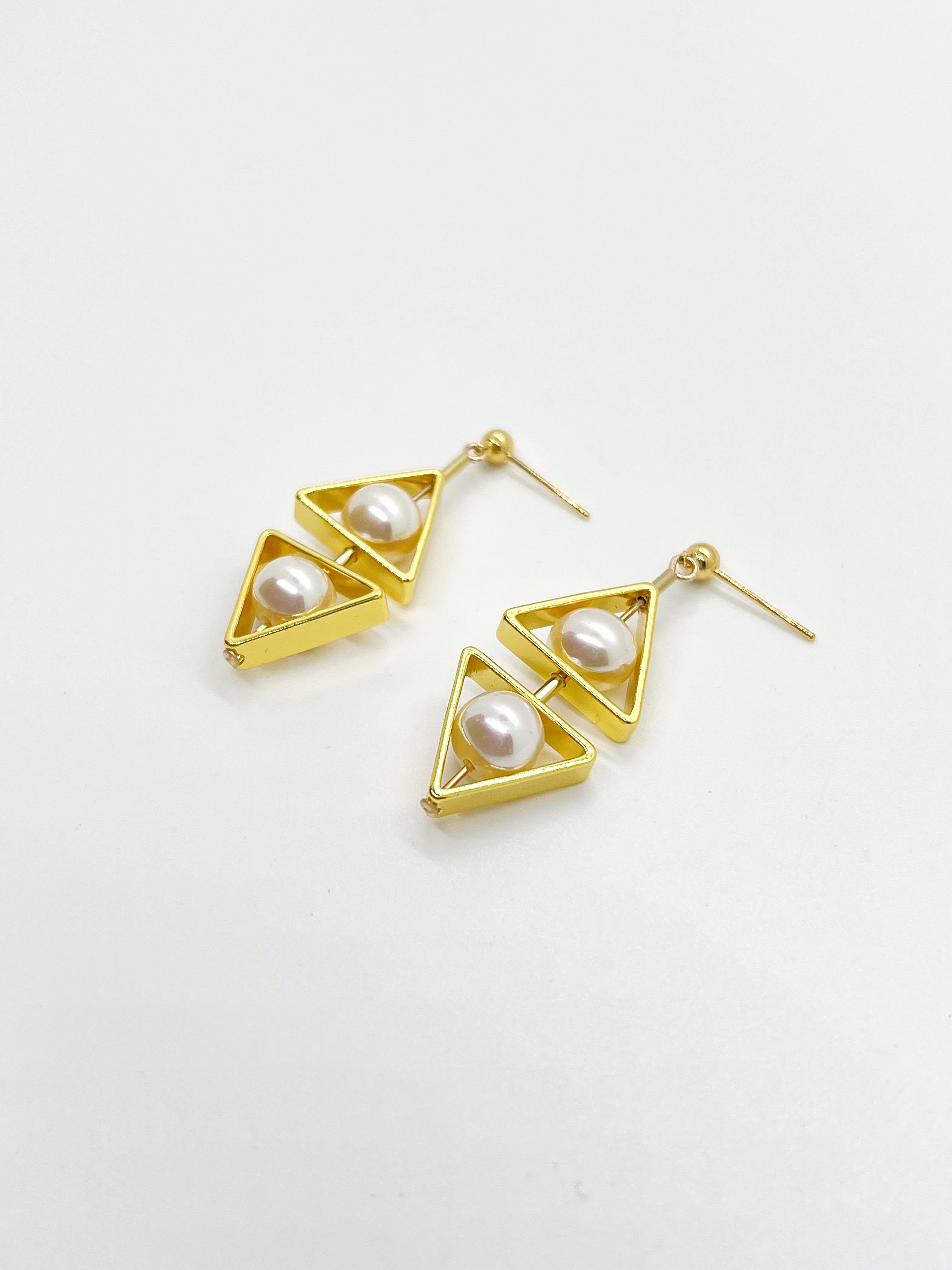 Contemporary Double Triangle Pearl Earrings For Sale