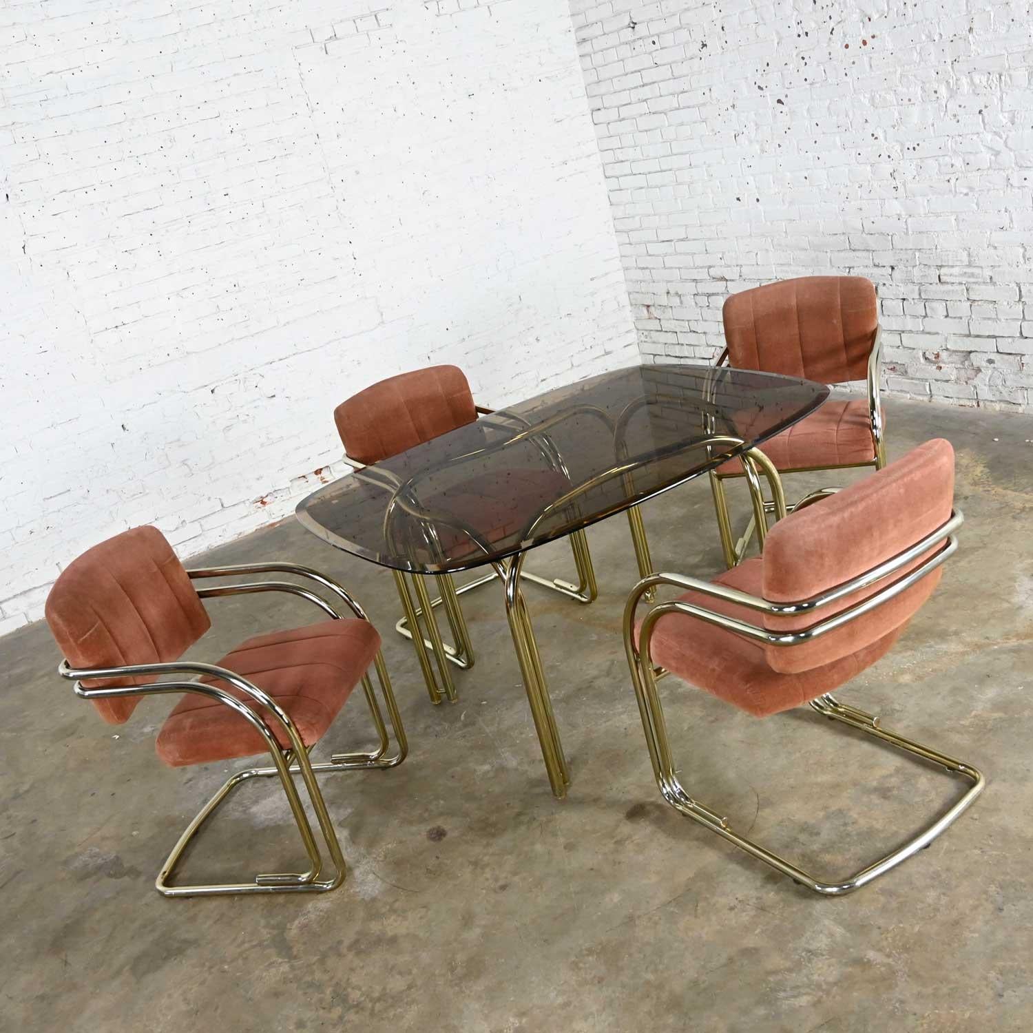 20th Century Double Tube Brass Plate Cantilever Chairs Smoked Glass Top Table by Douglas Furn