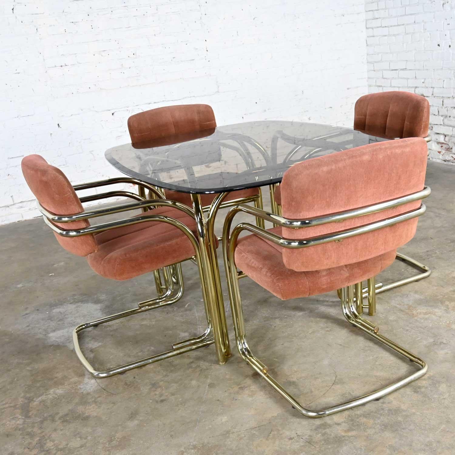 Modern Double Tube Brass Plate Cantilever Chairs Smoked Glass Top Table by Douglas Furn