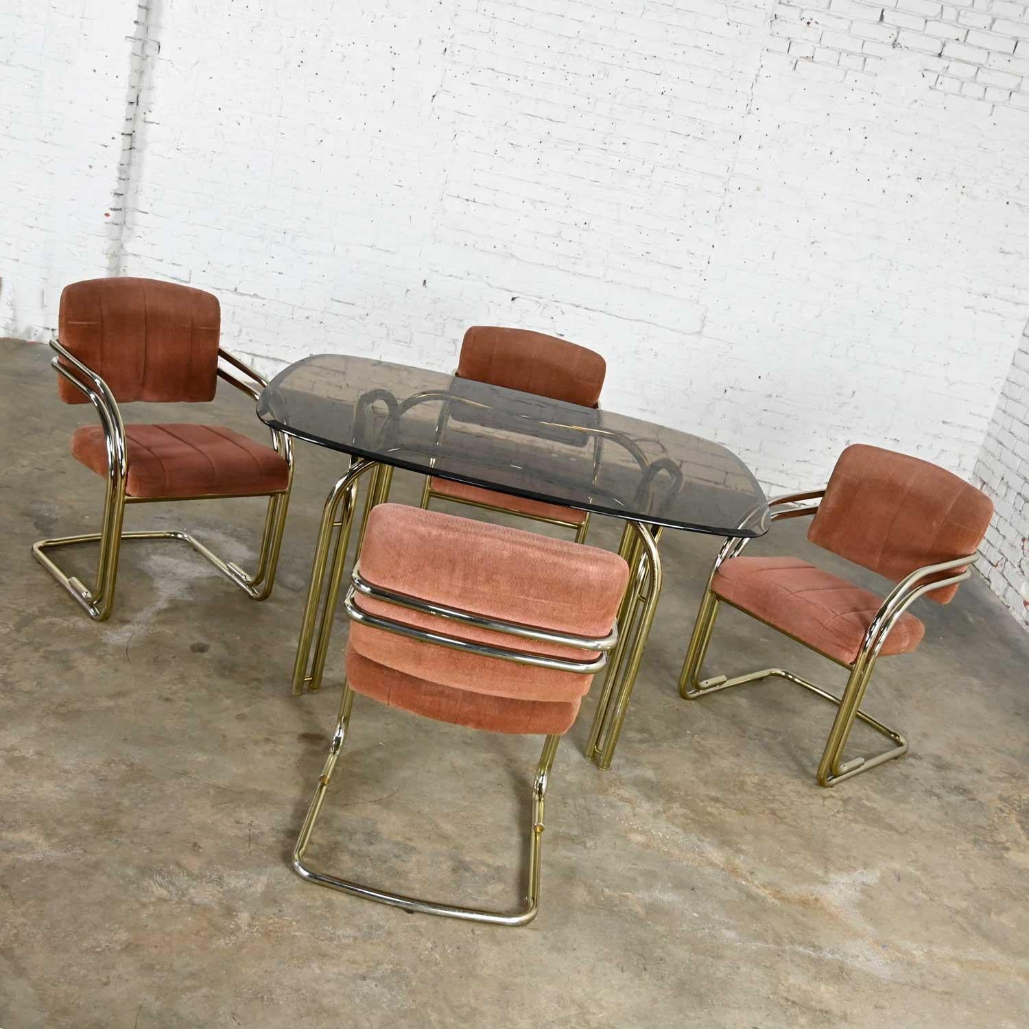 American Double Tube Brass Plate Cantilever Chairs Smoked Glass Top Table by Douglas Furn