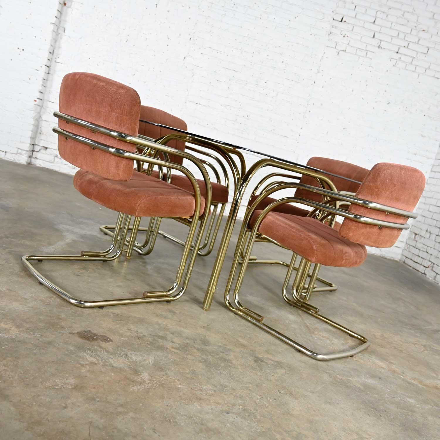 Double Tube Brass Plate Cantilever Chairs Smoked Glass Top Table by Douglas Furn In Good Condition In Topeka, KS